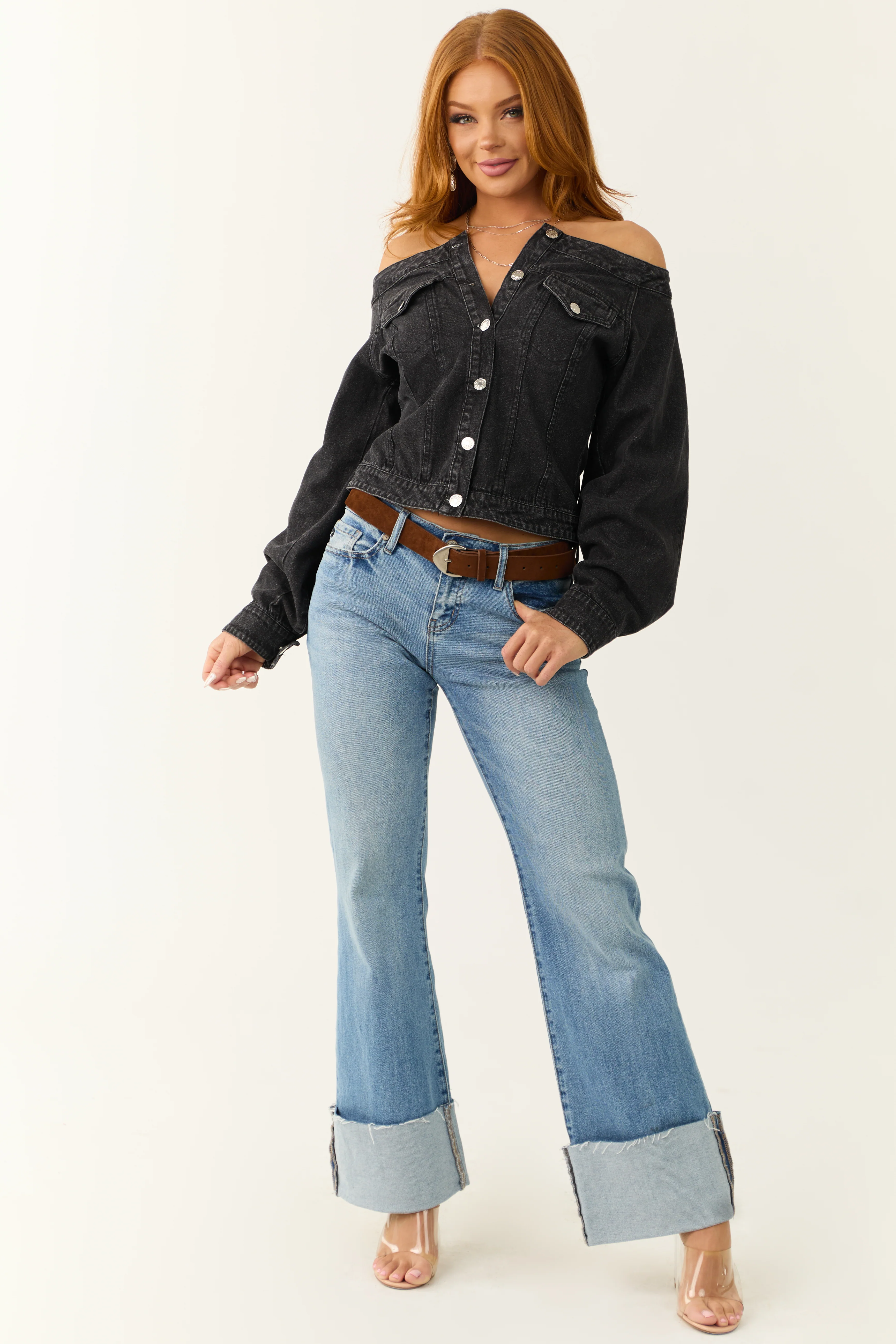 Black Washed Off the Shoulder Denim Jacket - Image 3