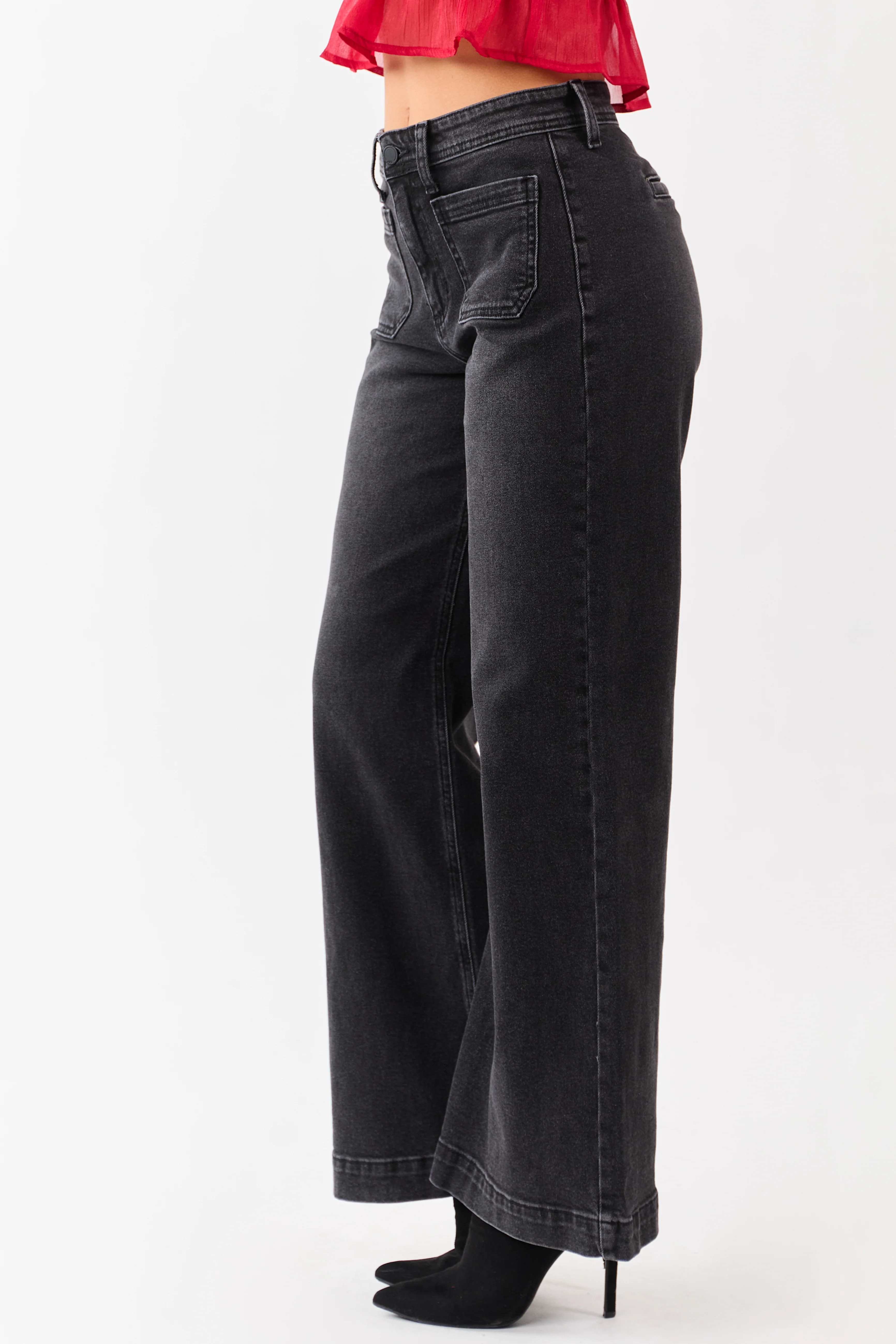 Black Washed Patch Pocket High Rise Wide Leg Jeans - Image 3