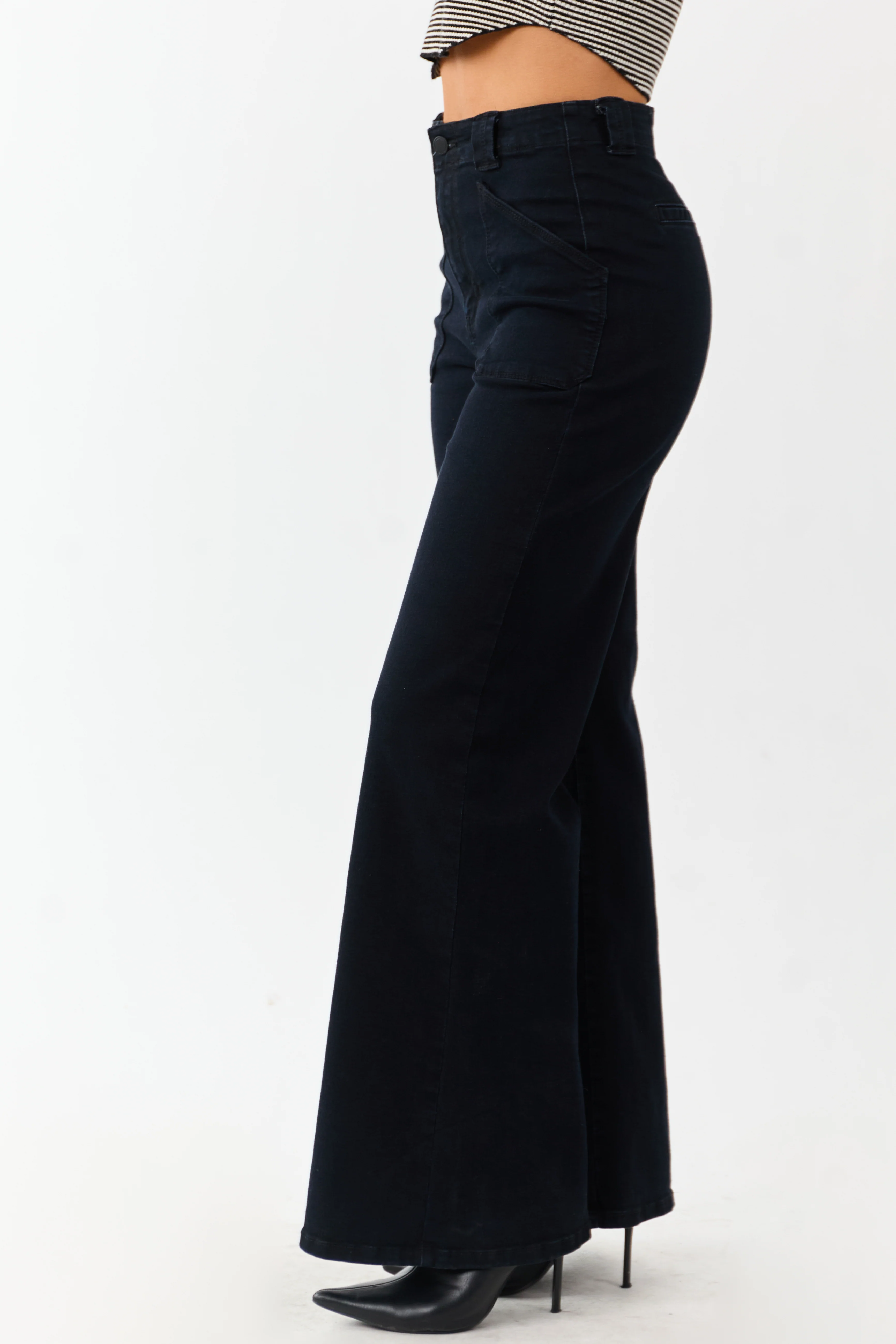 Black Washed Stretchy High Rise Wide Leg Jeans - Image 3