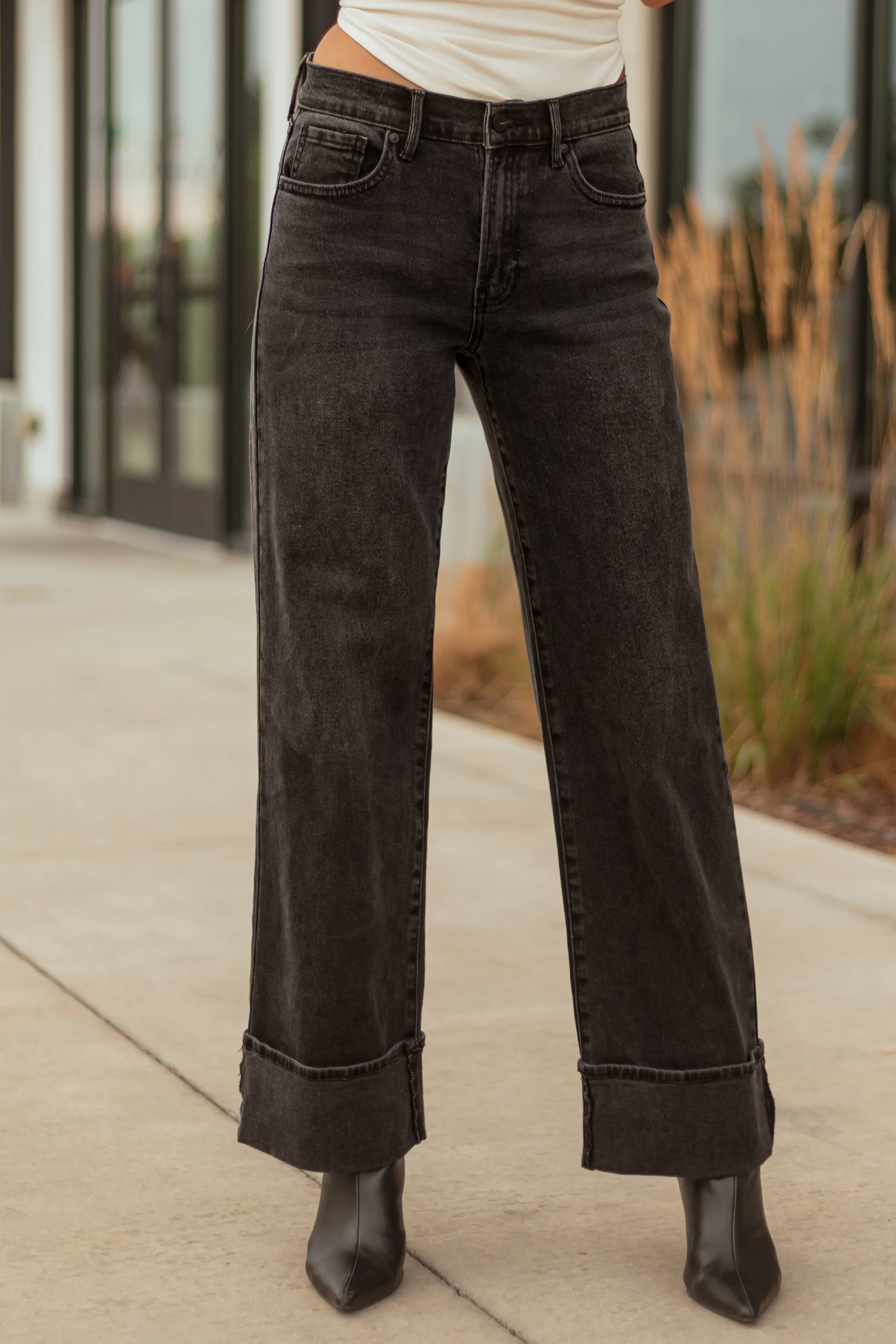 Black Washed Wide Leg Cuffed Stretchy Jeans - Image 2