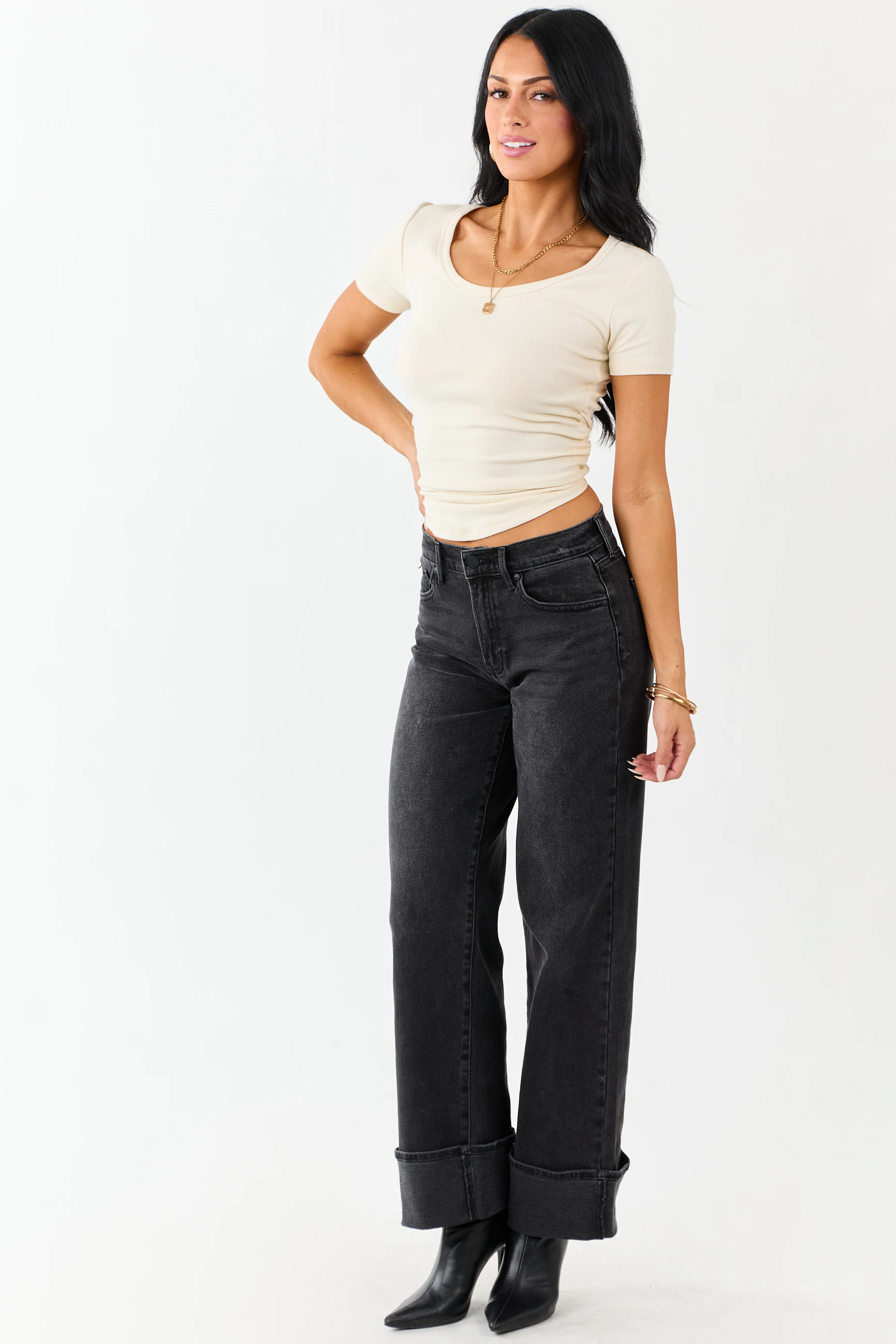 Black Washed Wide Leg Cuffed Stretchy Jeans - Image 5