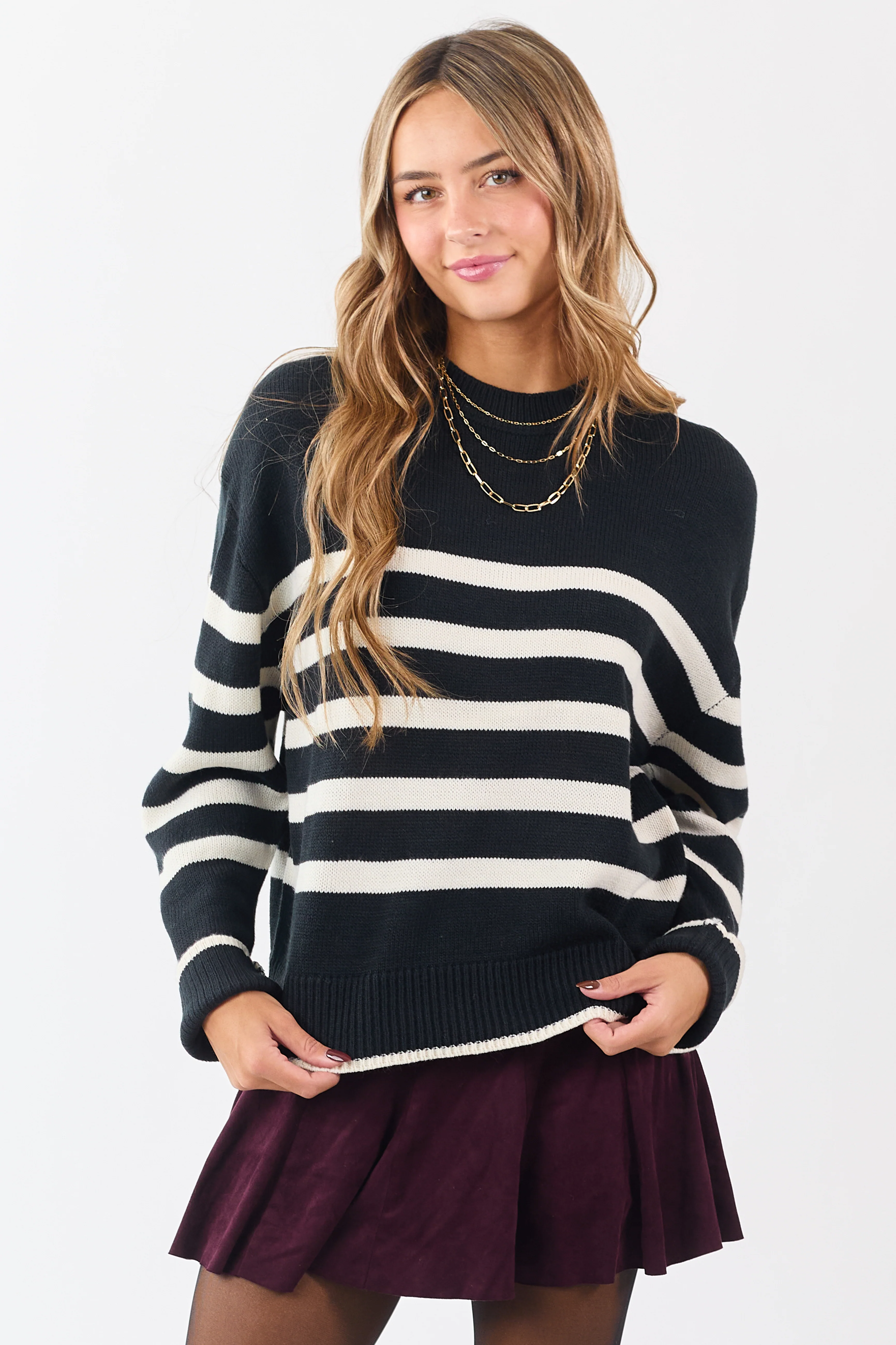 Black and White Striped Ribbed Trim Knit Sweater
