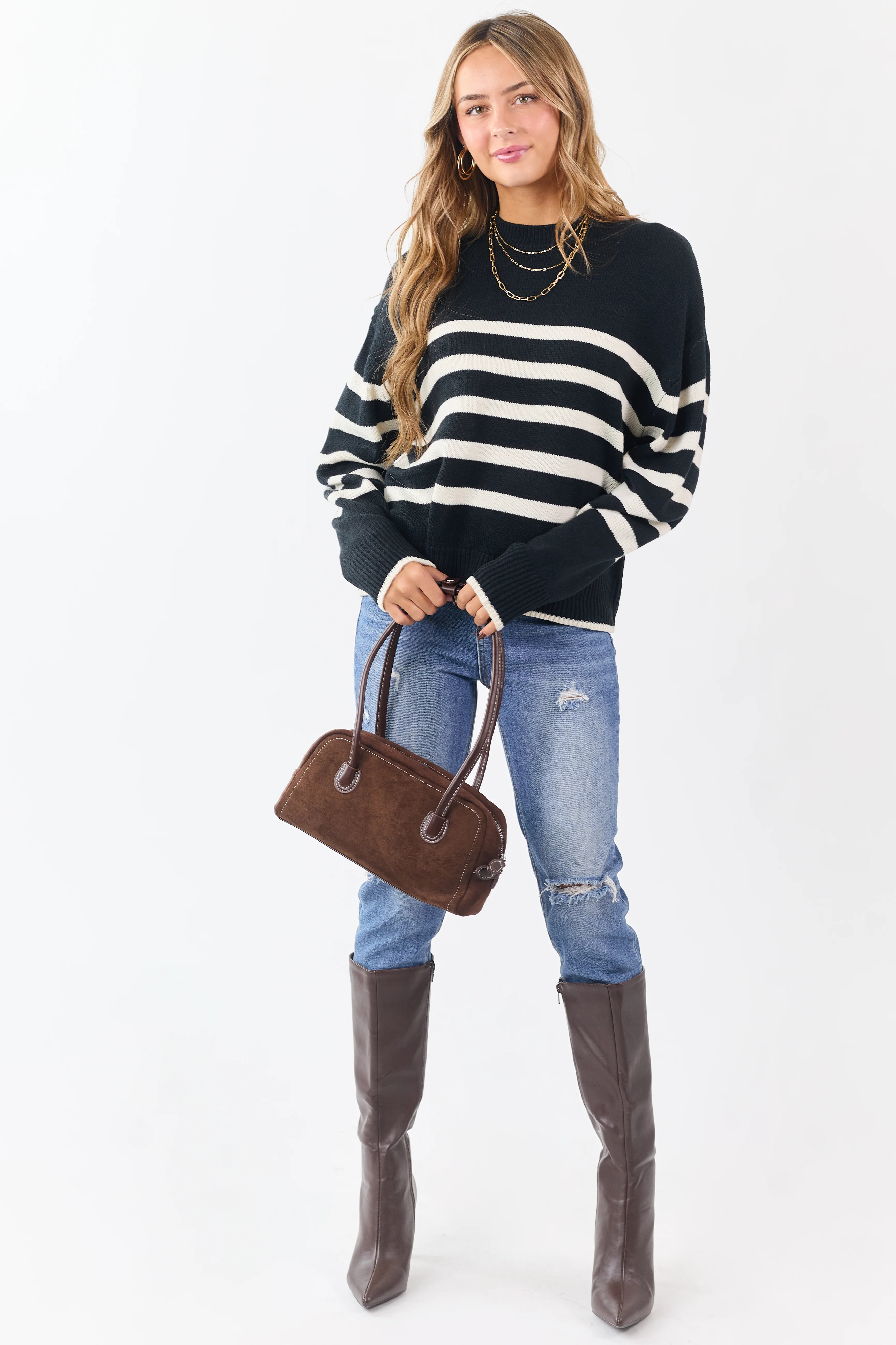 Black and White Striped Ribbed Trim Knit Sweater - Image 3