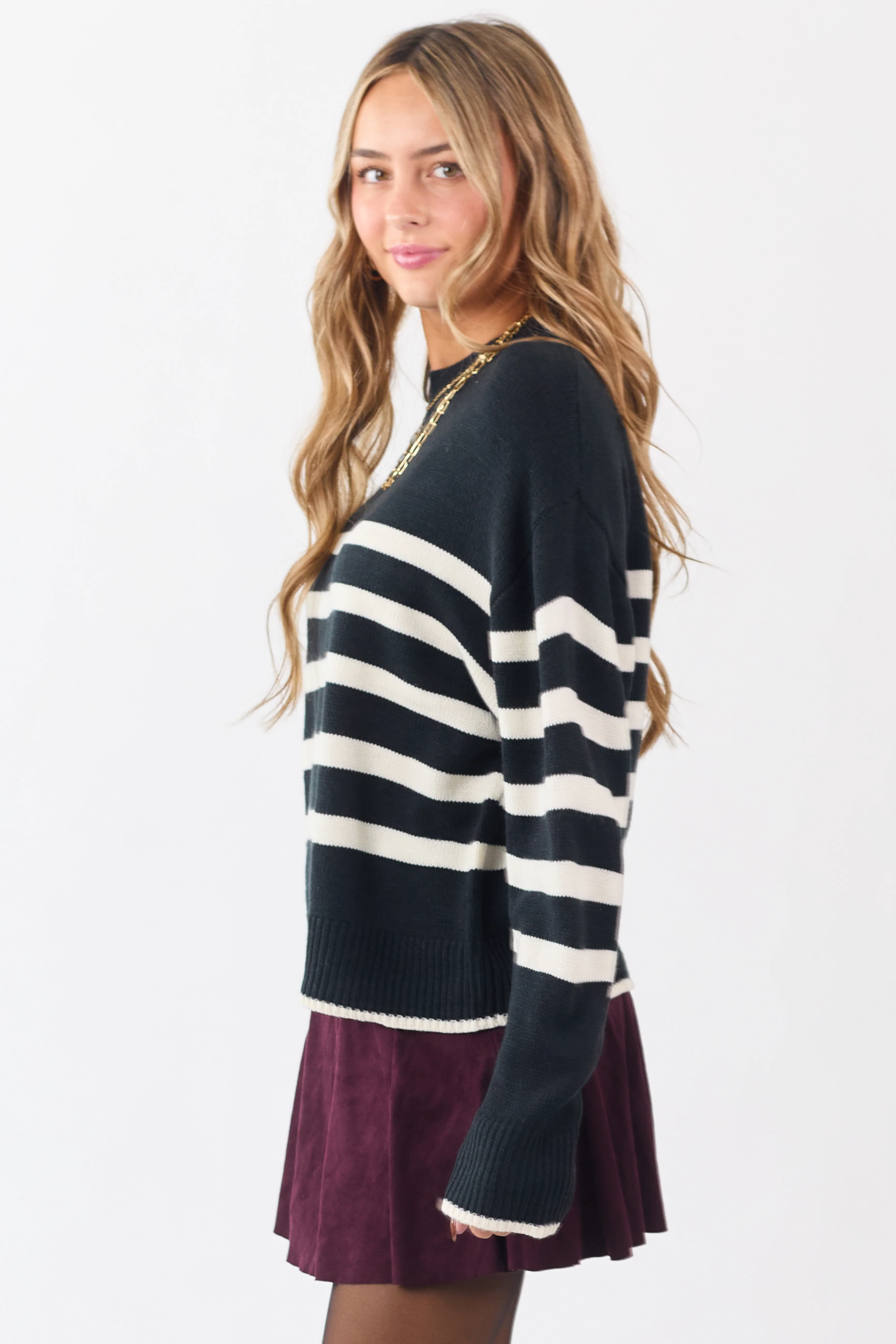 Black and White Striped Ribbed Trim Knit Sweater - Image 4