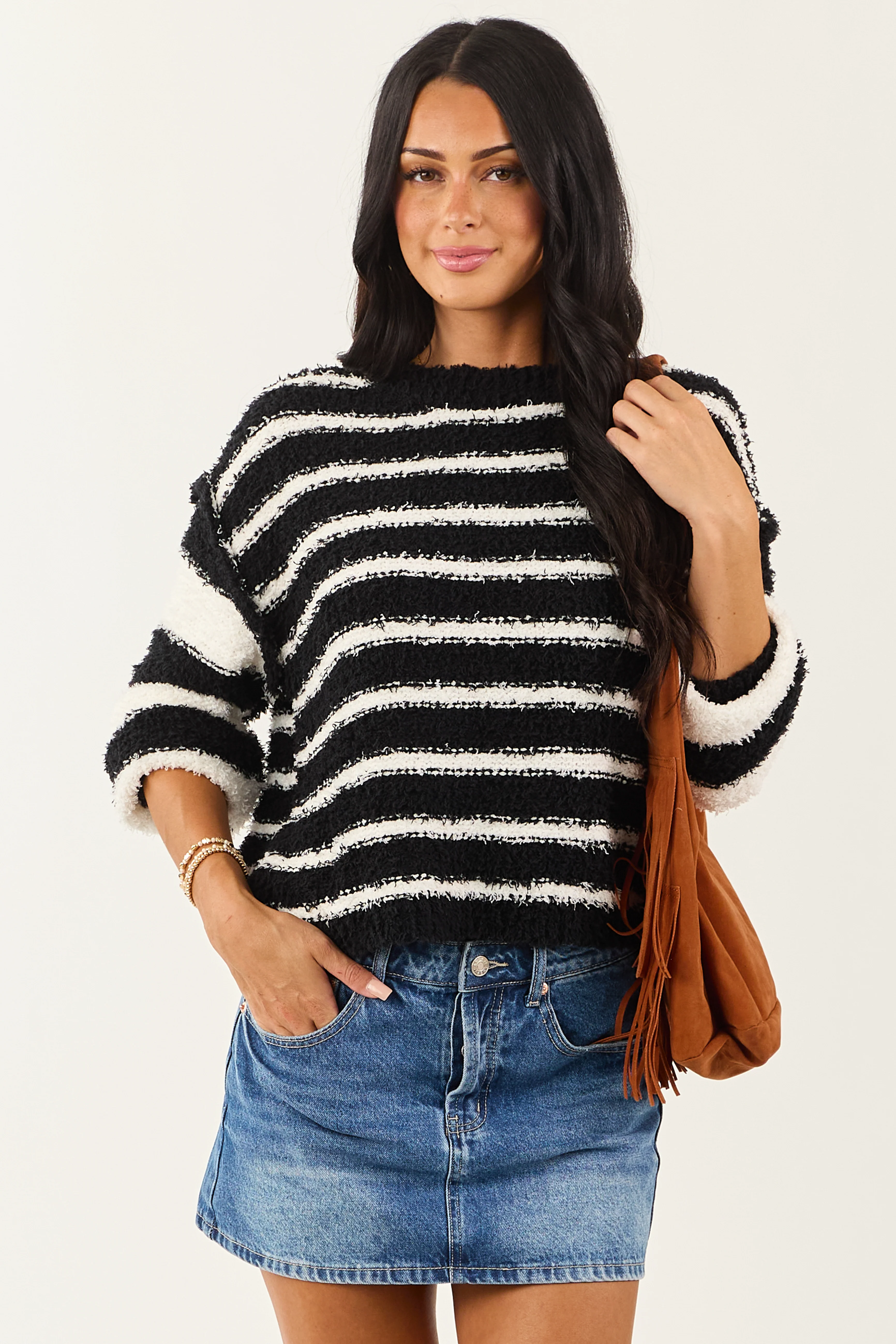 Black and White Striped Soft Fuzzy Knit Sweater