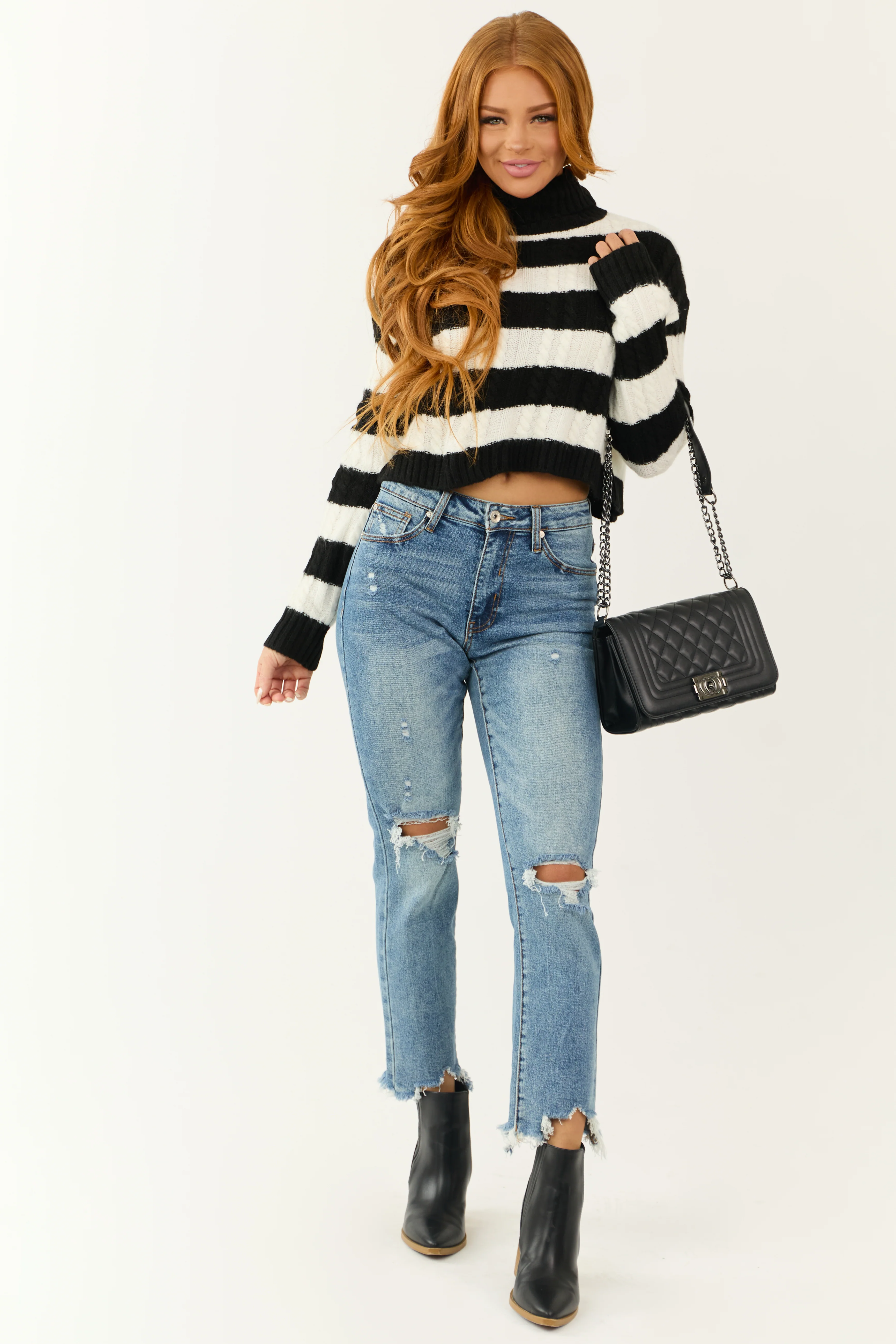 Black and White Striped Turtleneck Sweater - Image 3