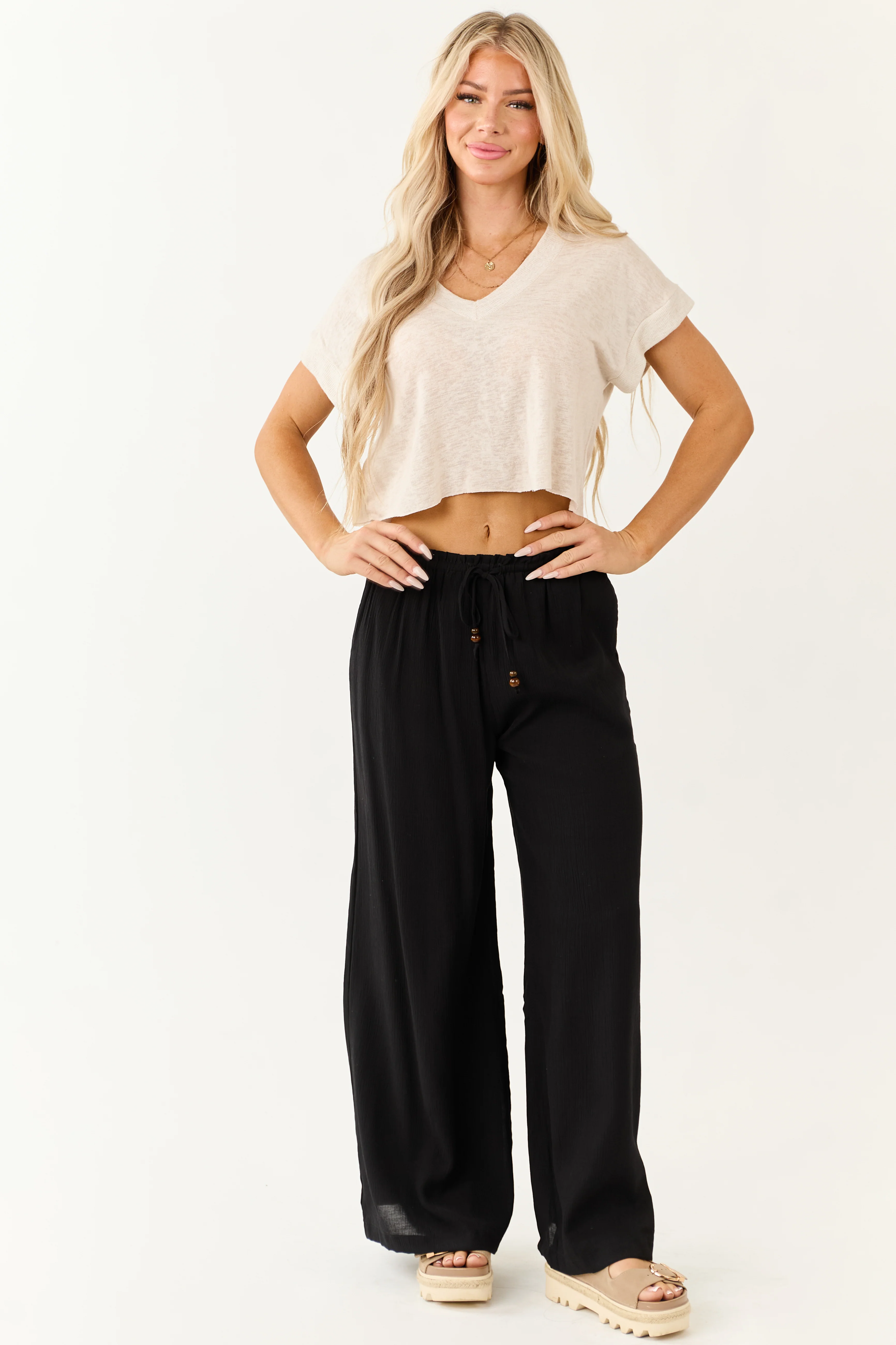 Black Wide Leg Drawstring High Waist Pants - Image 5