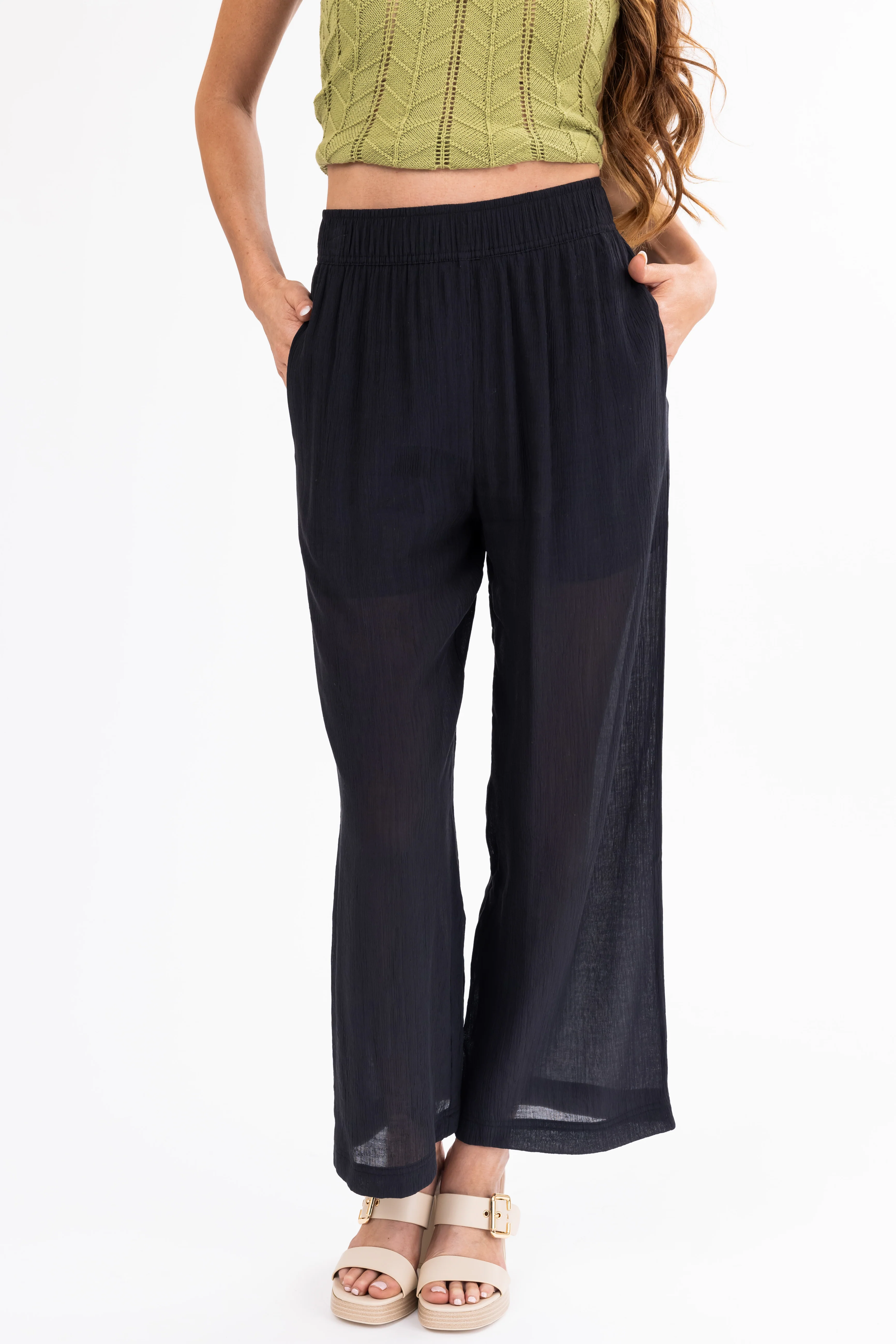Black Wide Leg Textured Woven Pants - Image 2