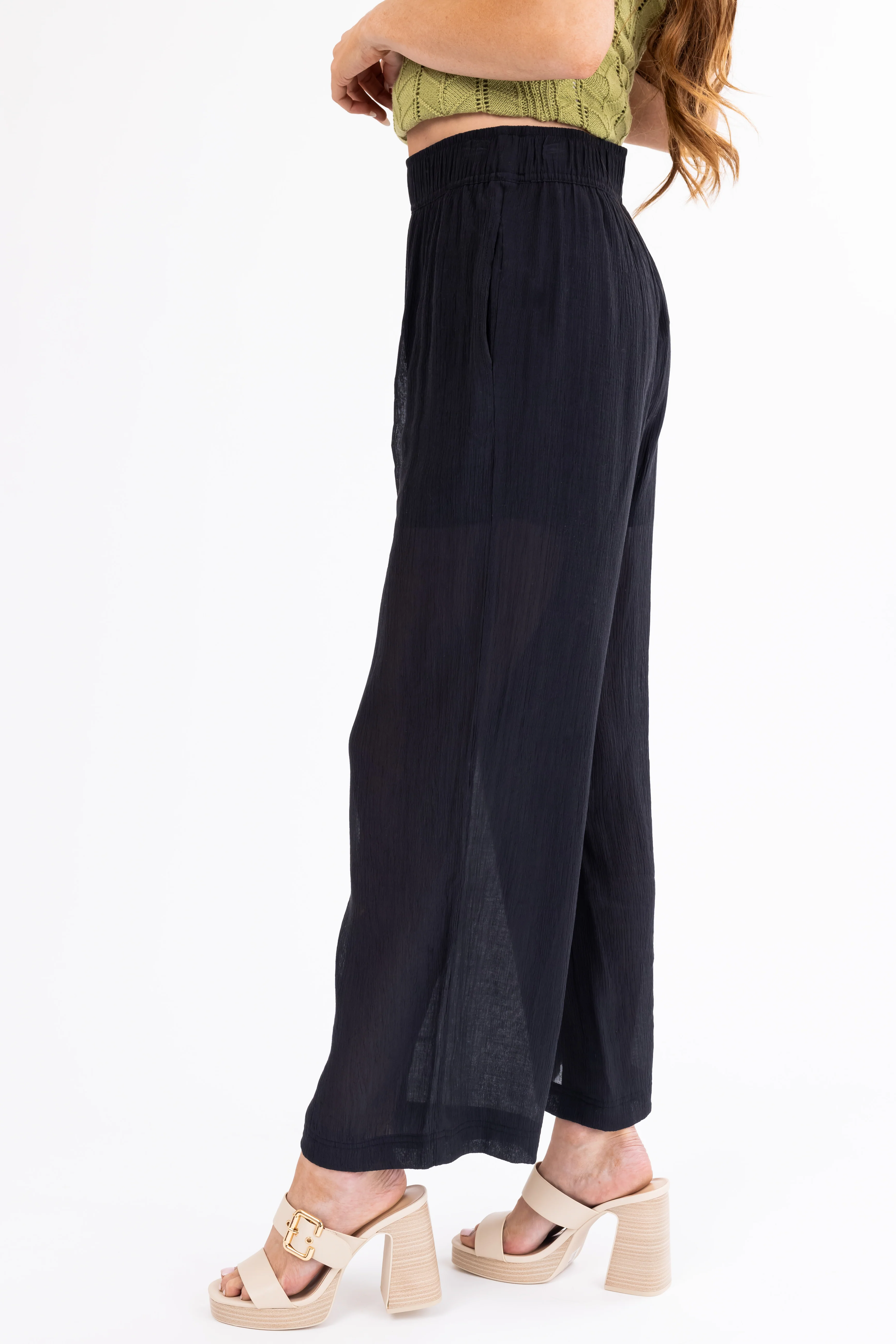 Black Wide Leg Textured Woven Pants - Image 3