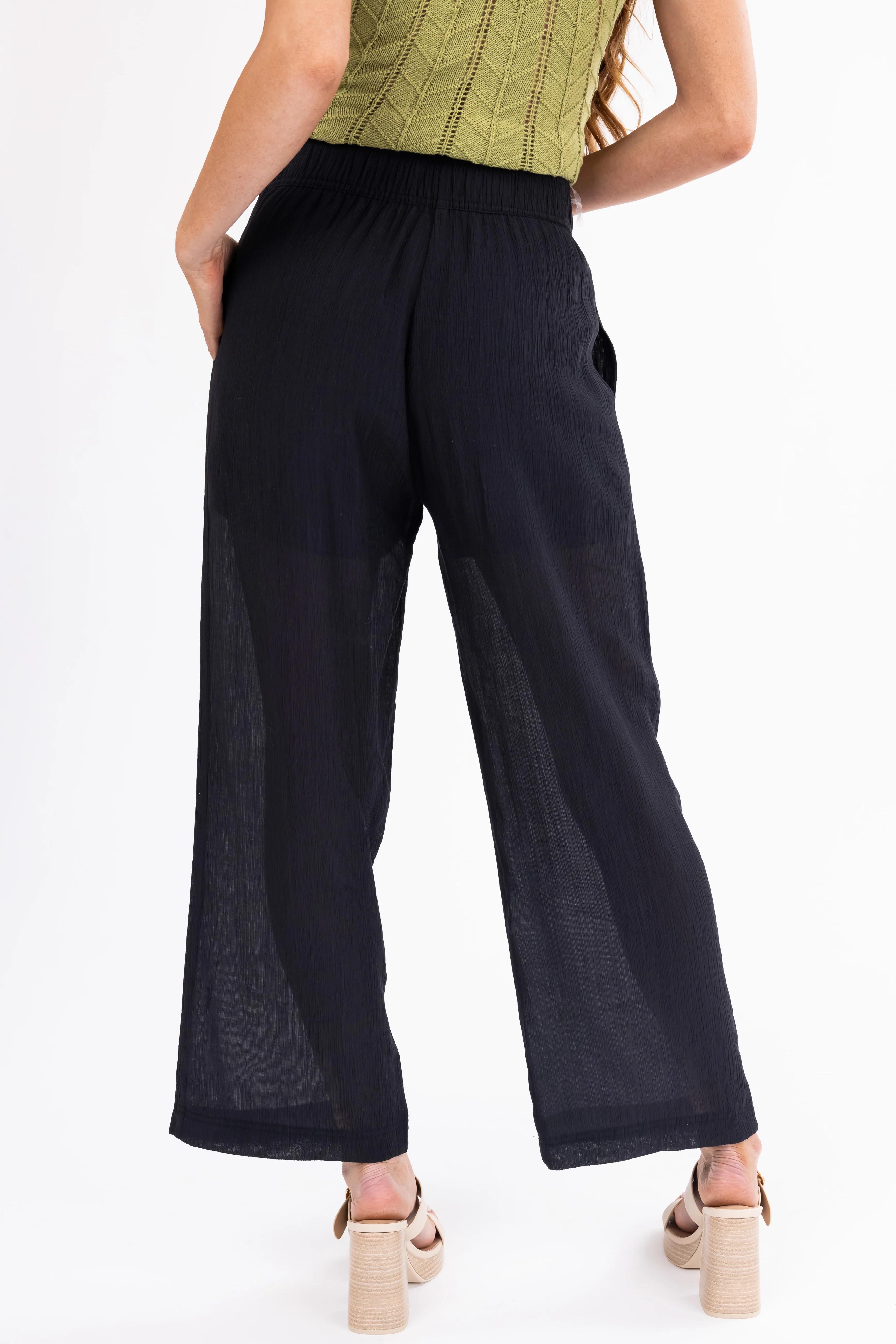 Black Wide Leg Textured Woven Pants - Image 4