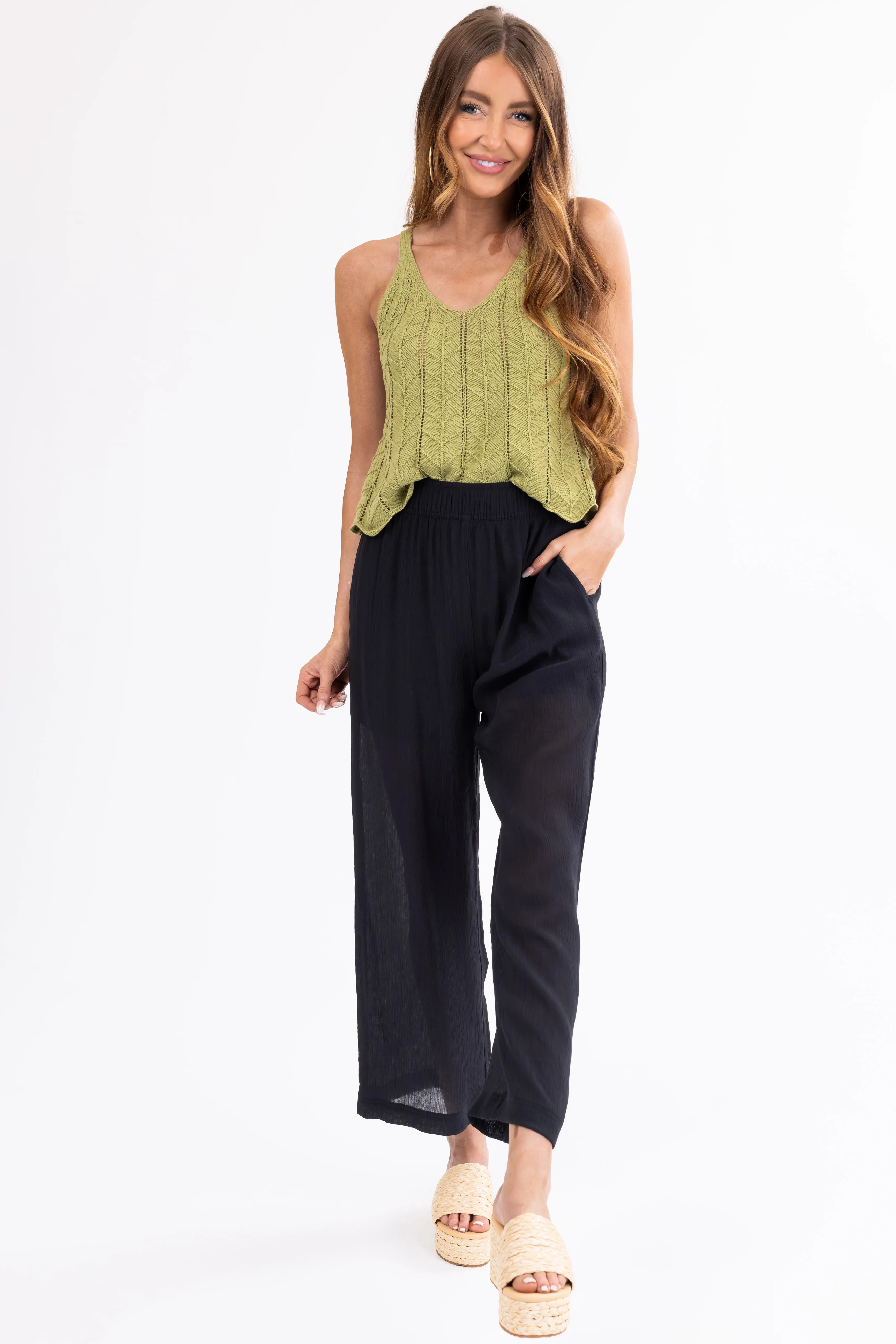 Black Wide Leg Textured Woven Pants - Image 5