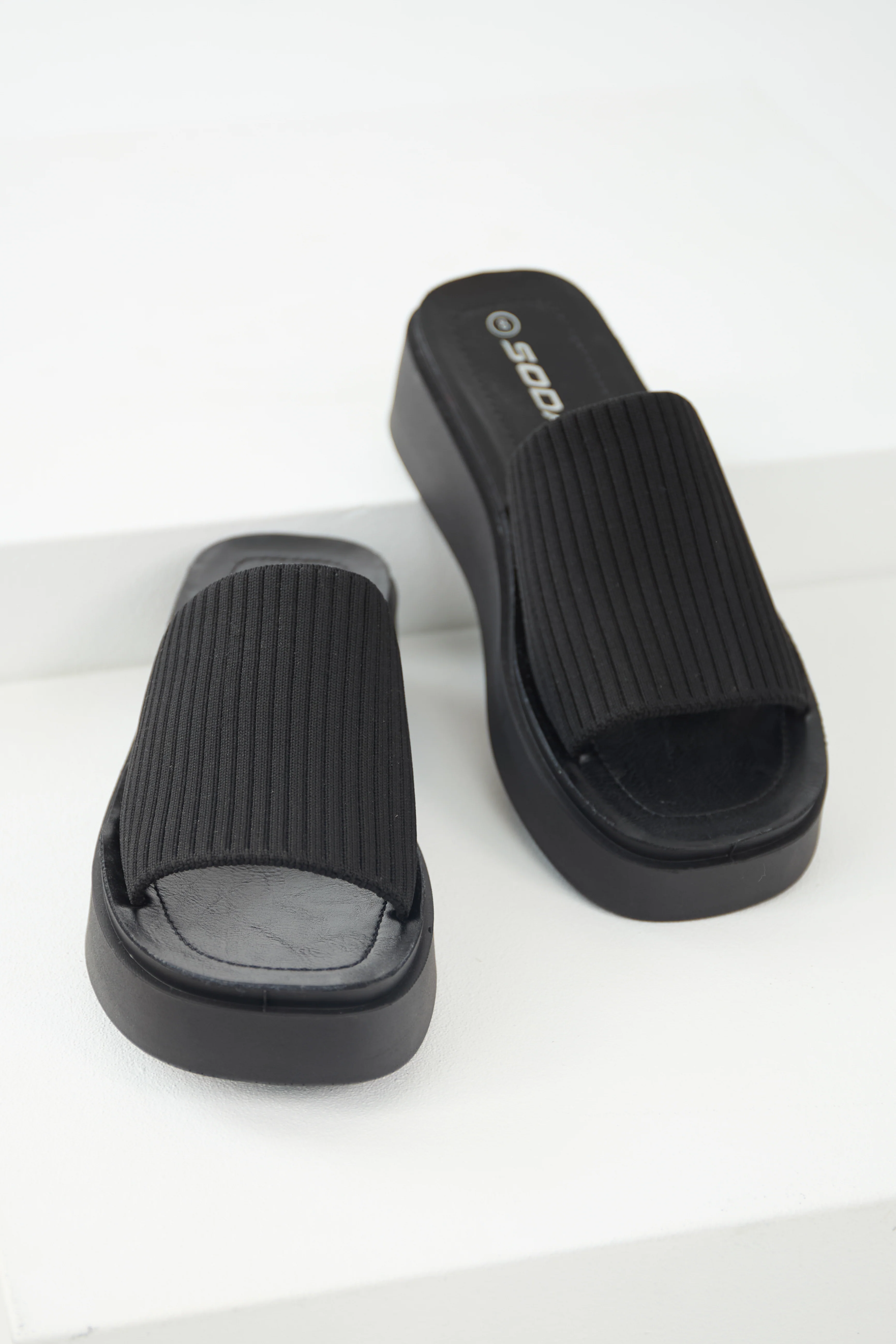 Black Wide Strap Slip On Platform Sandals