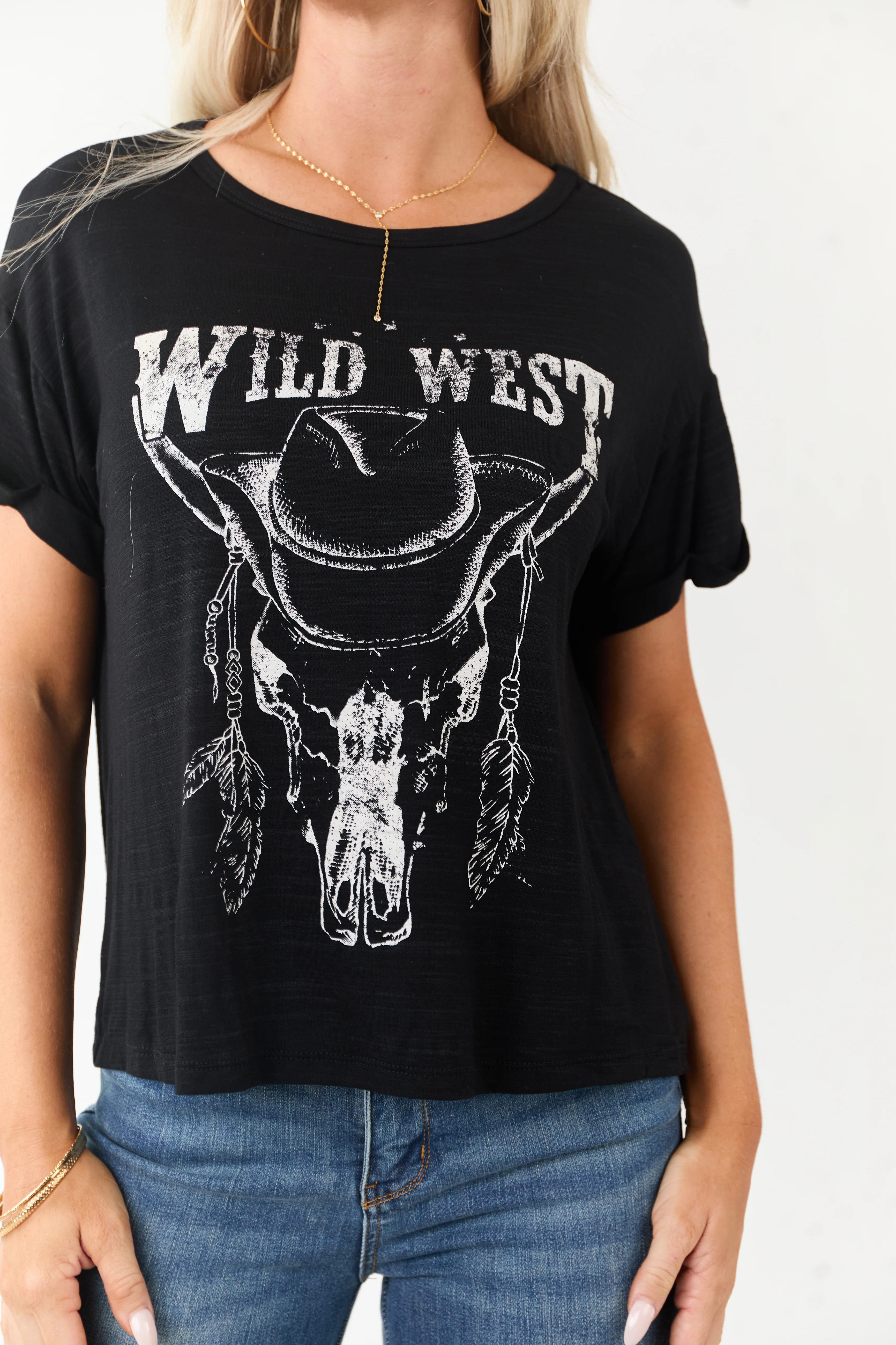 Black 'Wild West' Graphic Short Sleeve Cotton Top - Image 6