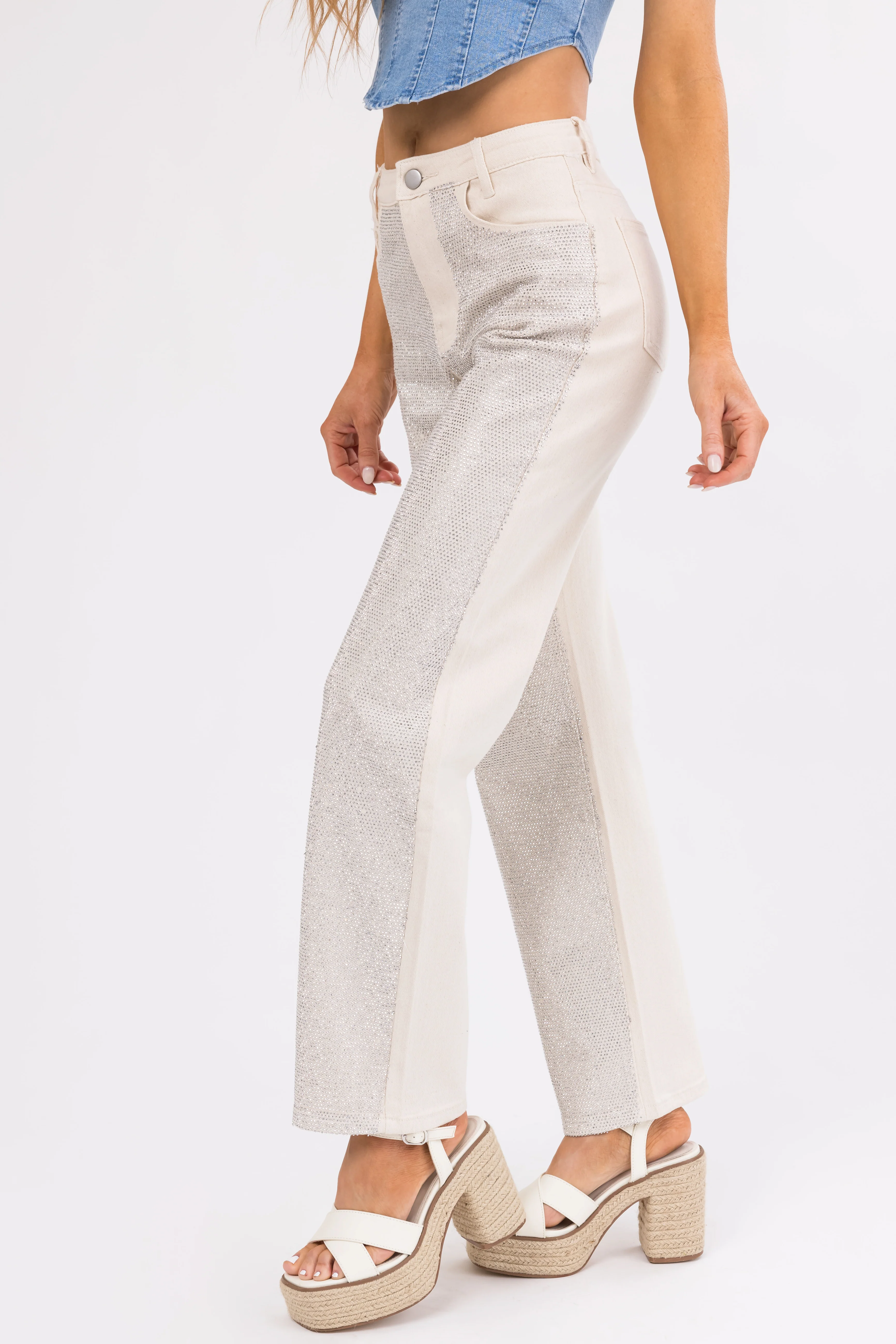 Blue B Cream Rhinestone Front Straight Leg Jeans - Image 5