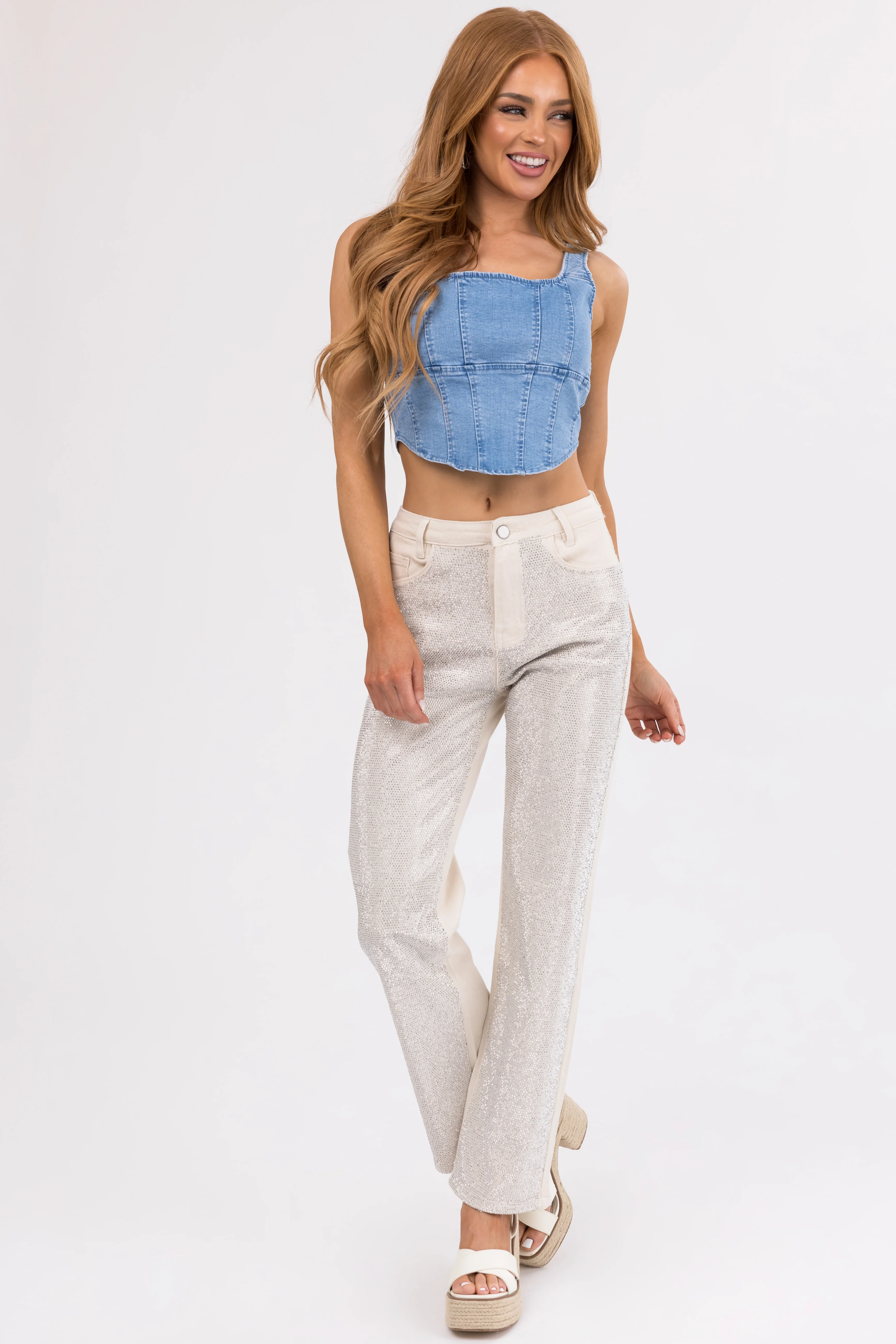 Blue B Cream Rhinestone Front Straight Leg Jeans - Image 7