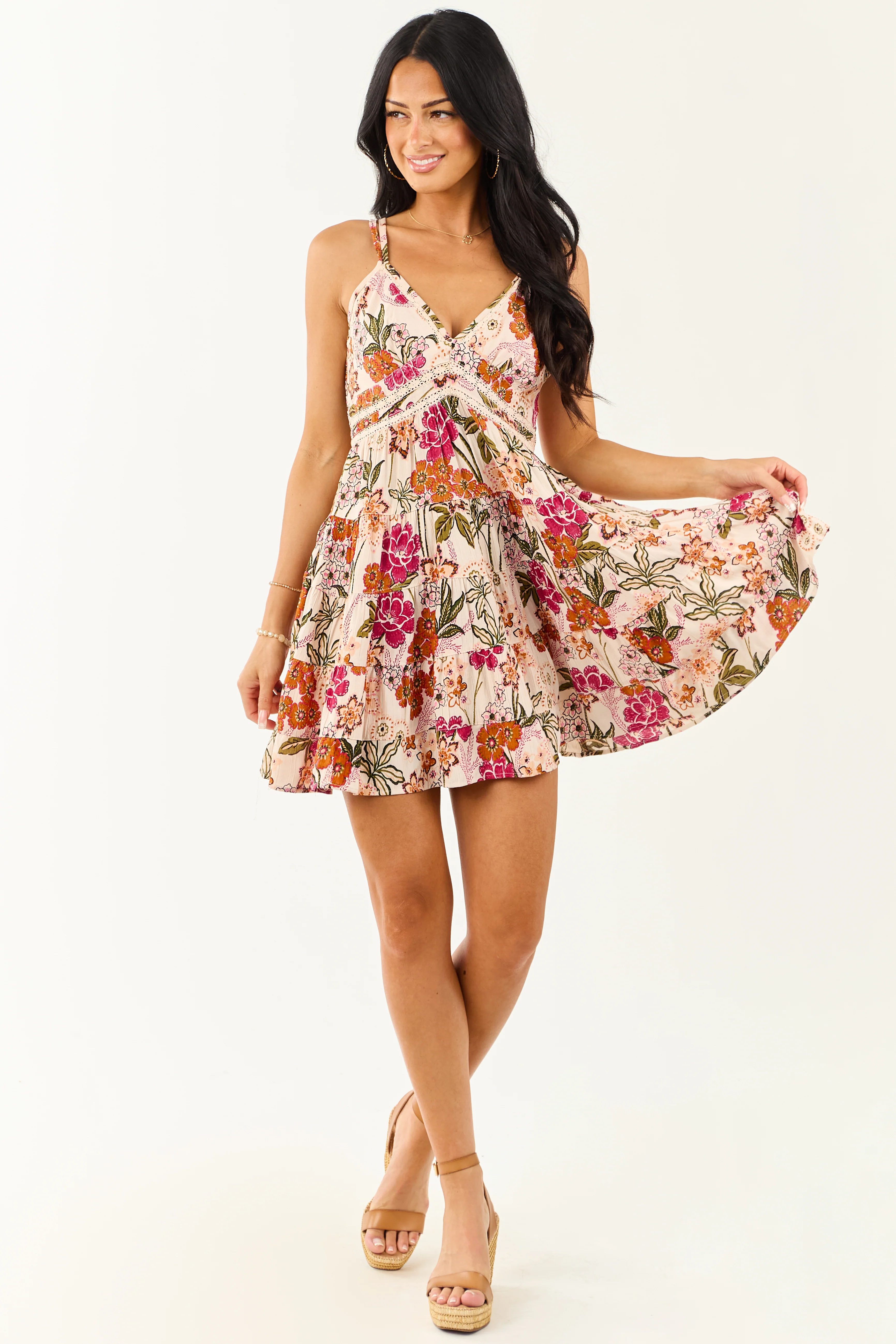 Blush Floral Print Lace Trim Smocked Mini Dress - Image 4