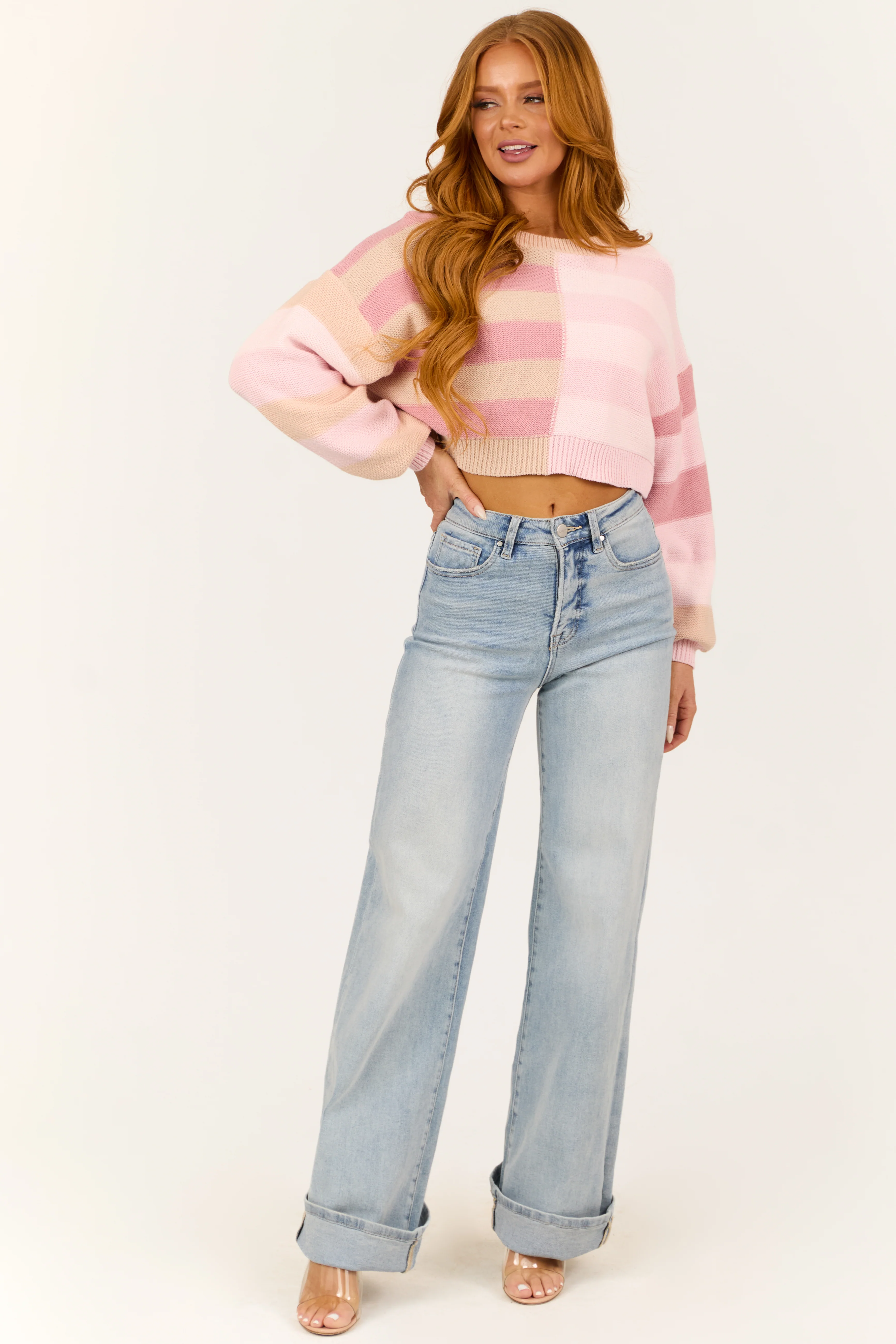 Blush Striped Long Sleeve Cropped Sweater - Image 3