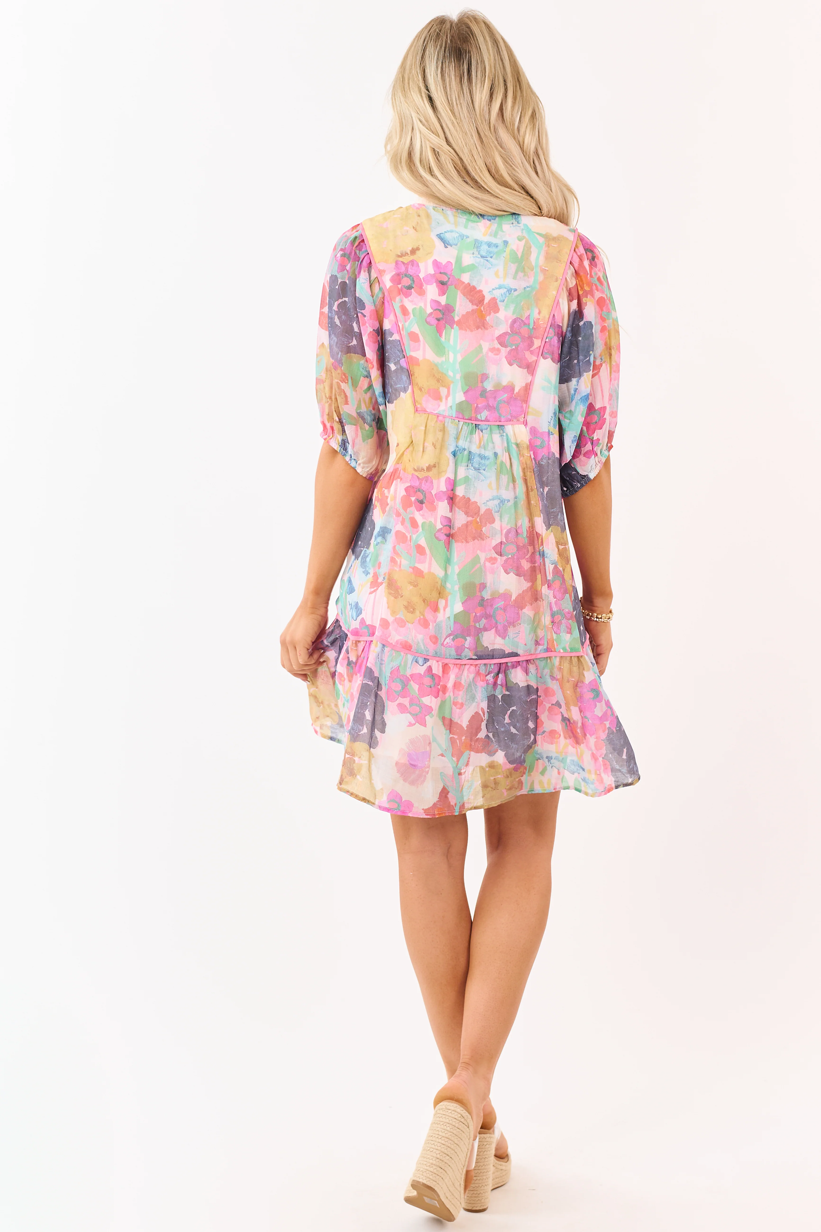 Blush Watercolor Floral Smocked Yoke Mini Dress - Image 5