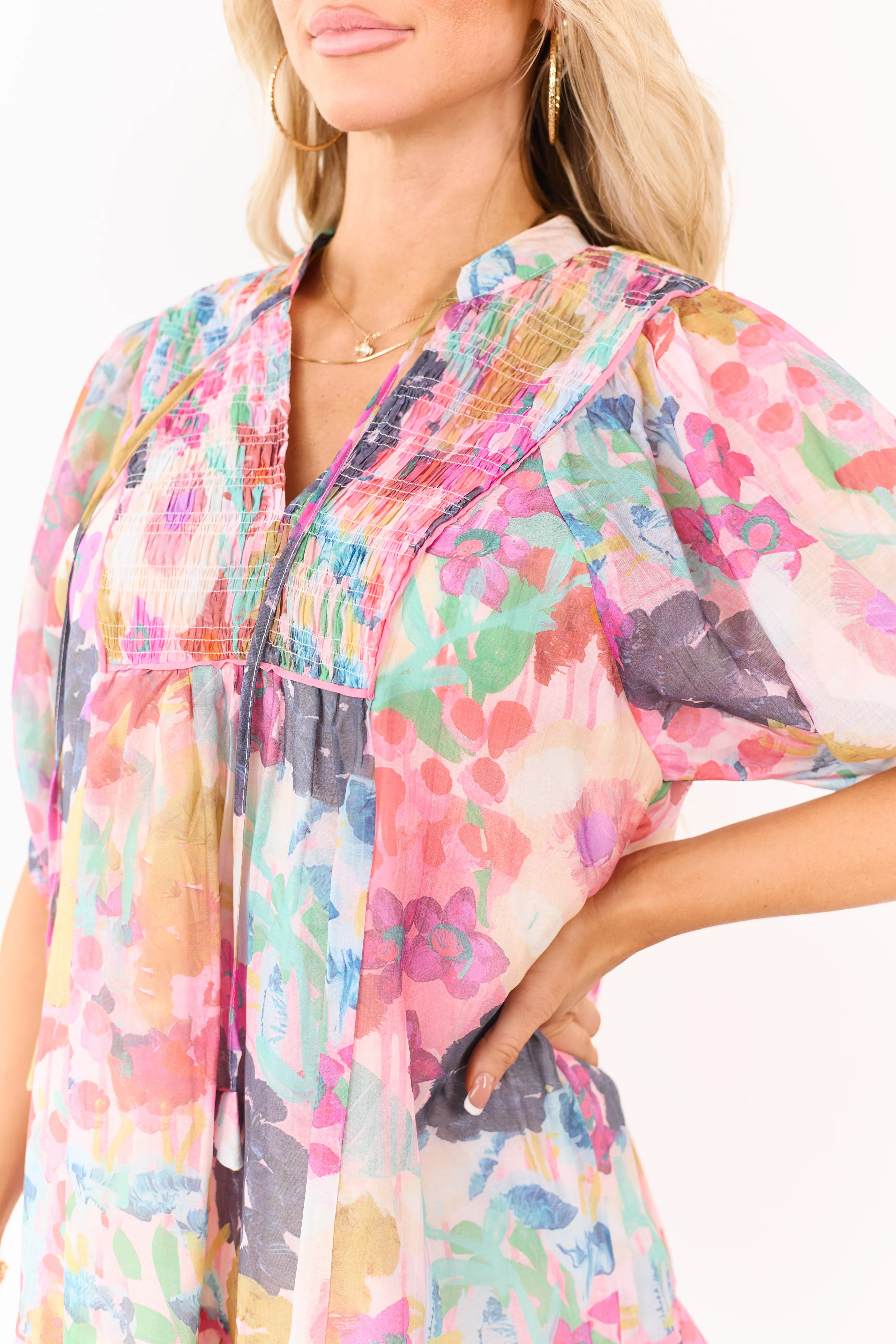 Blush Watercolor Floral Smocked Yoke Mini Dress - Image 6