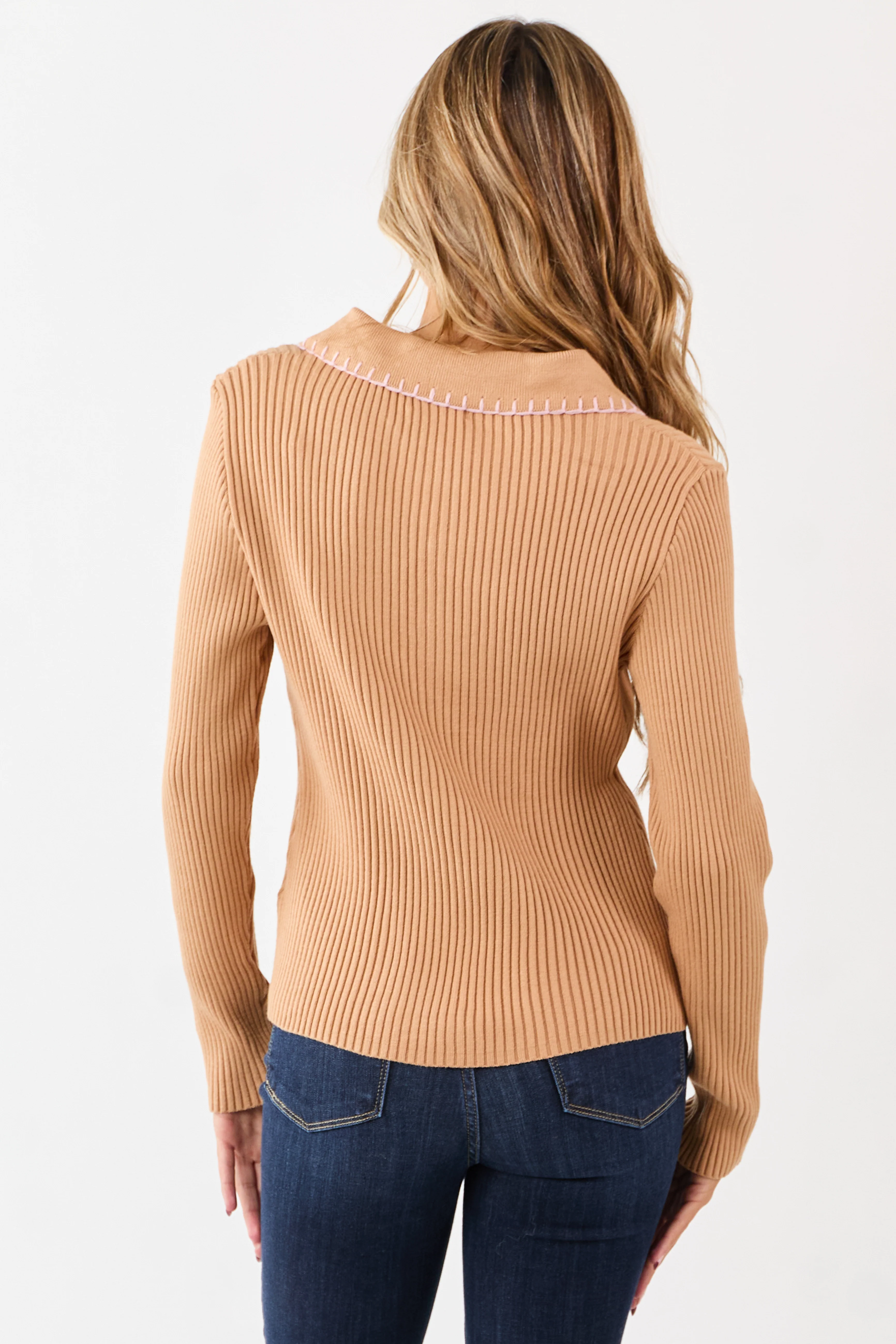 Brown Sugar Contrast Blanket Stitch Buttoned Sweater Top - Image 5