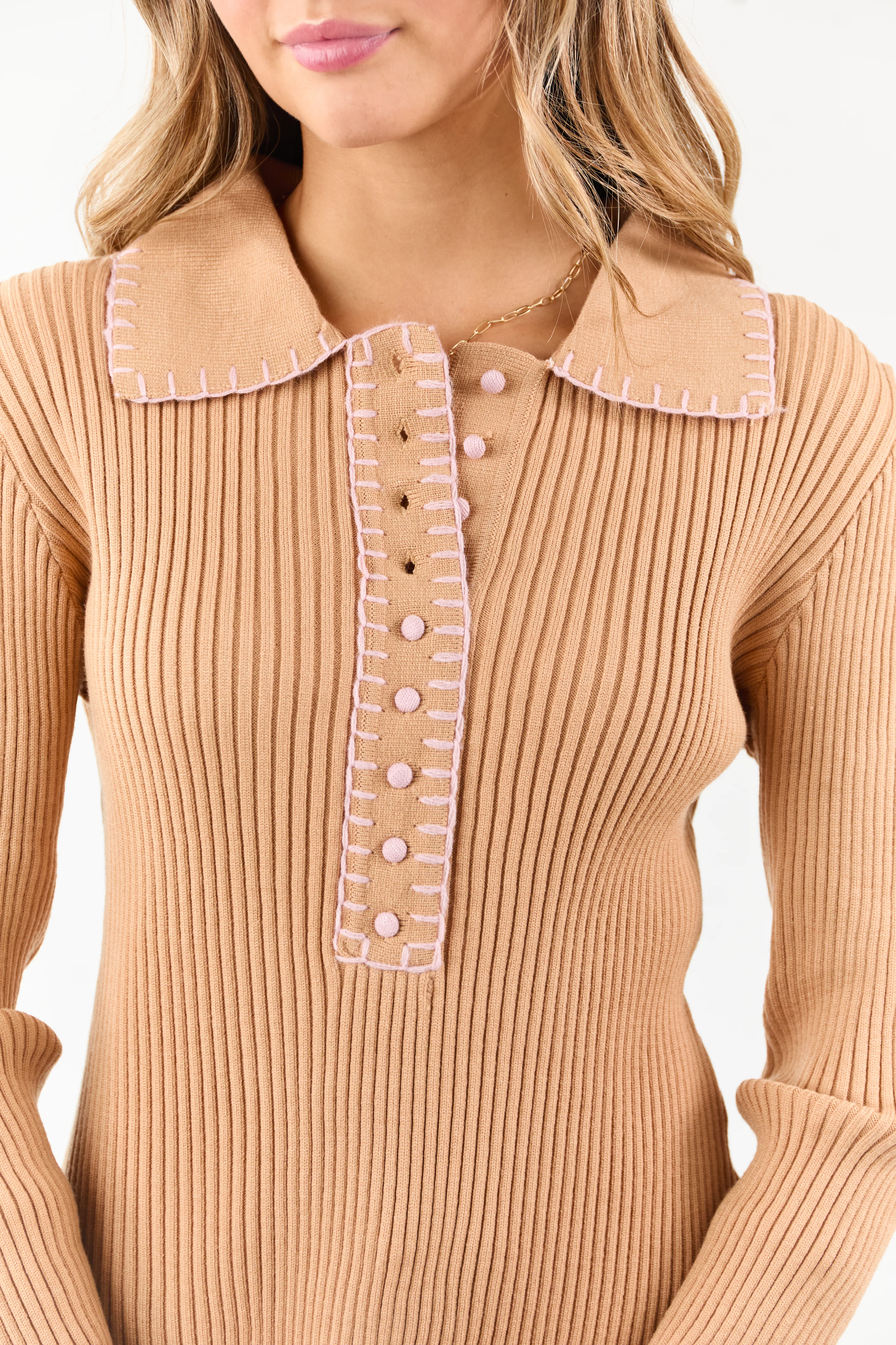 Brown Sugar Contrast Blanket Stitch Buttoned Sweater Top - Image 6