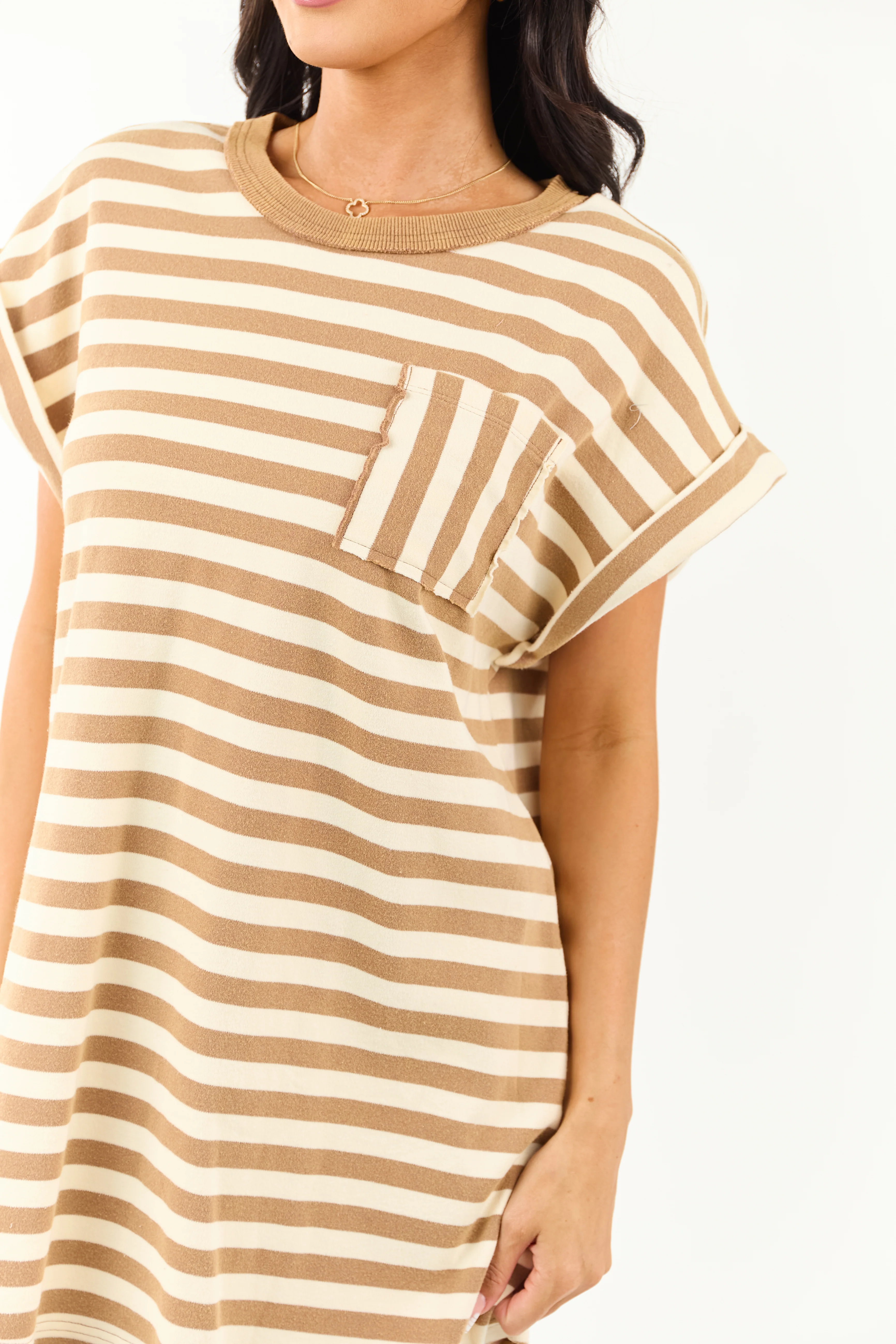 Brown Sugar and Cream Striped Cotton Tee Shirt Dress - Image 6