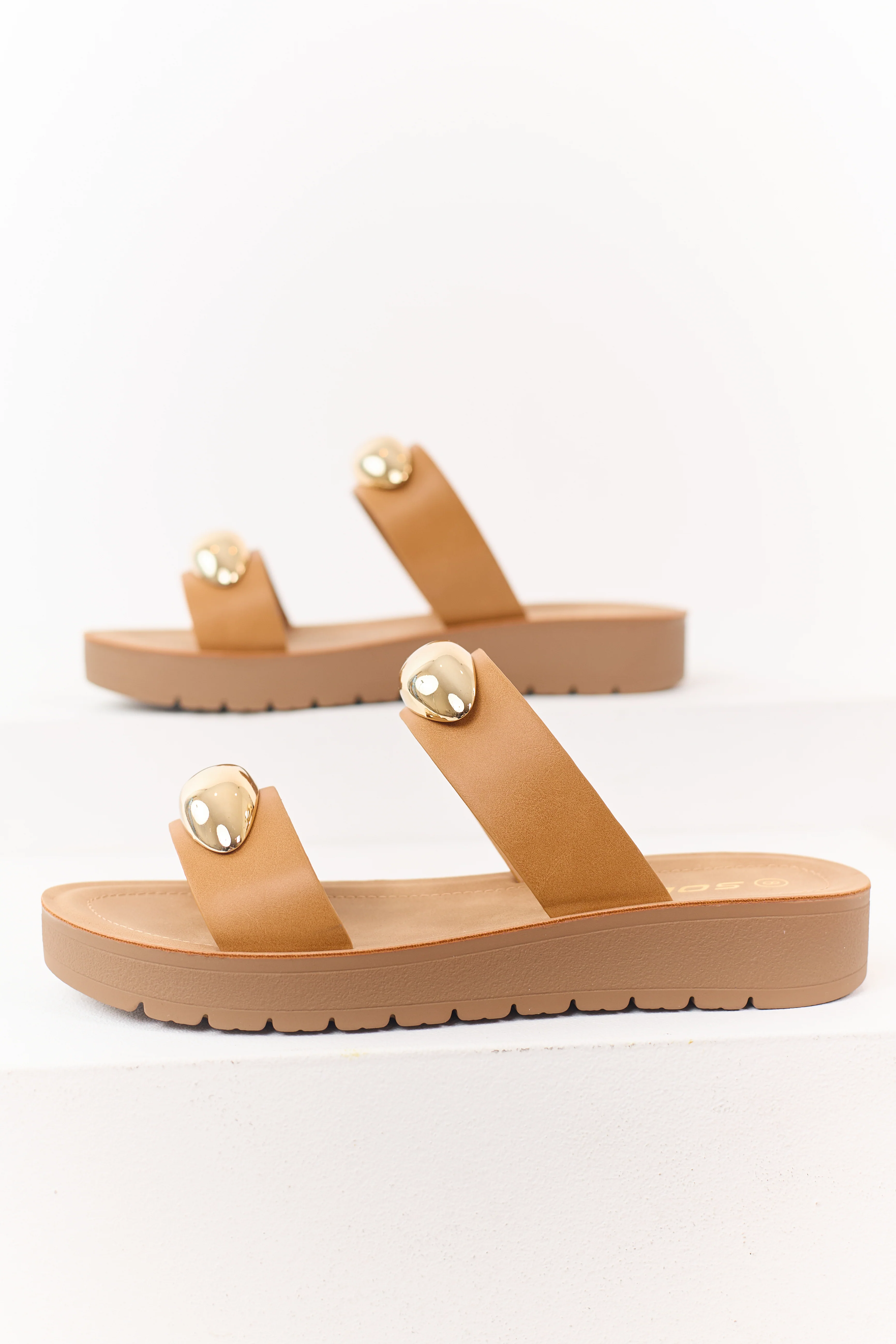Brown Sugar Faux Leather Gold Detail Sandals - Image 2