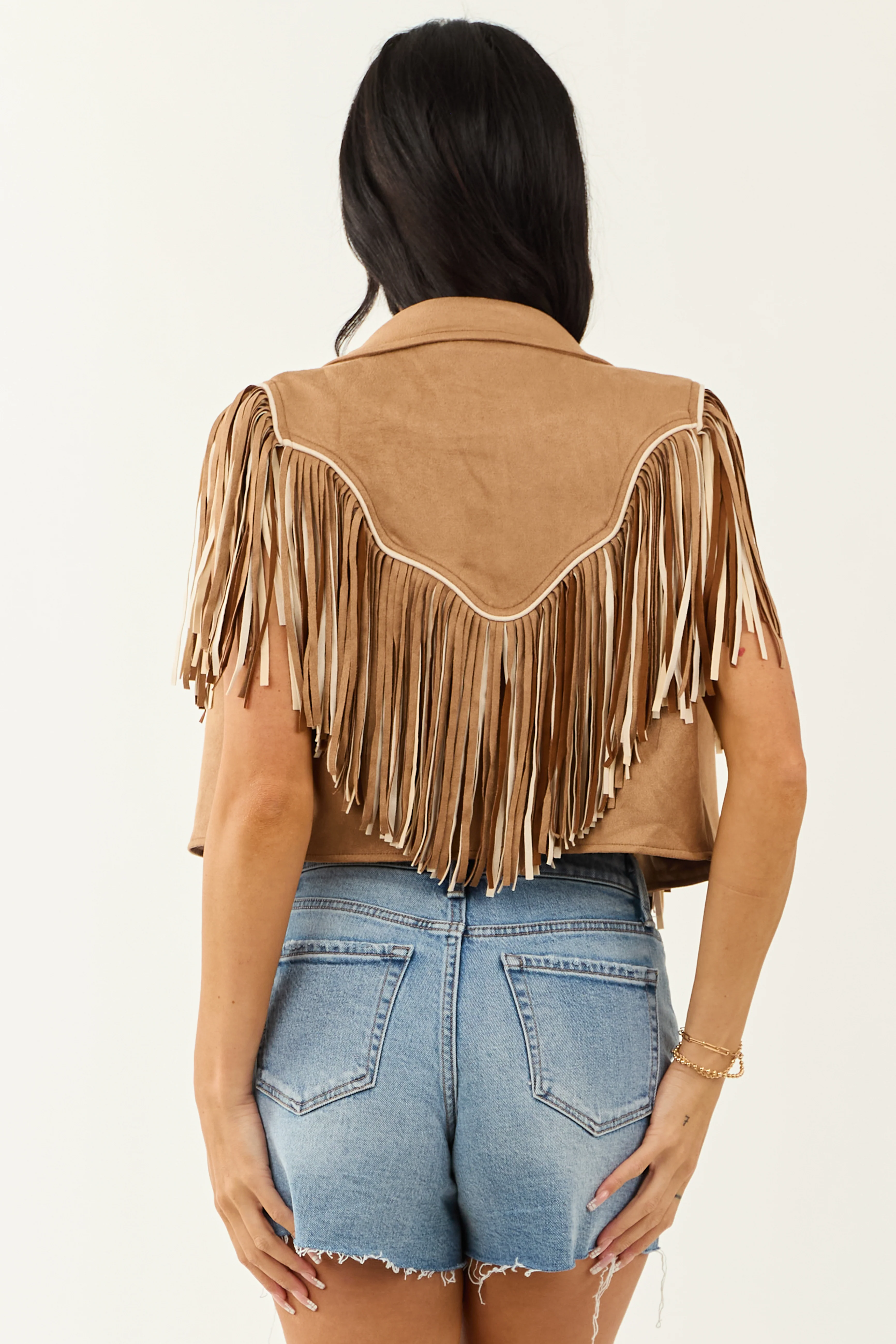 Brown Sugar Faux Suede Fringe Open Front Vest - Image 4