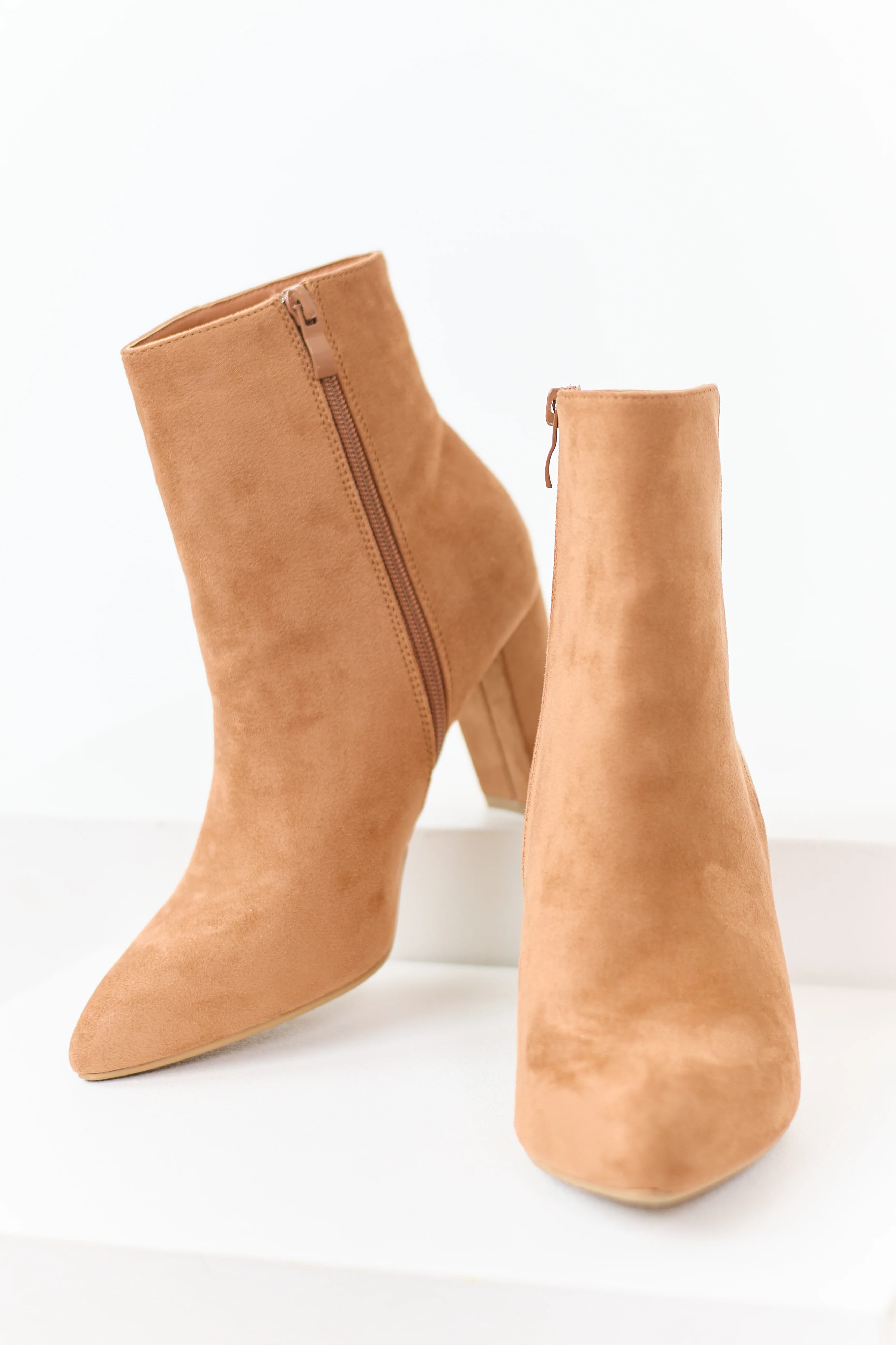 Brown Sugar Faux Suede Pointed Toe Heeled Booties - Image 2