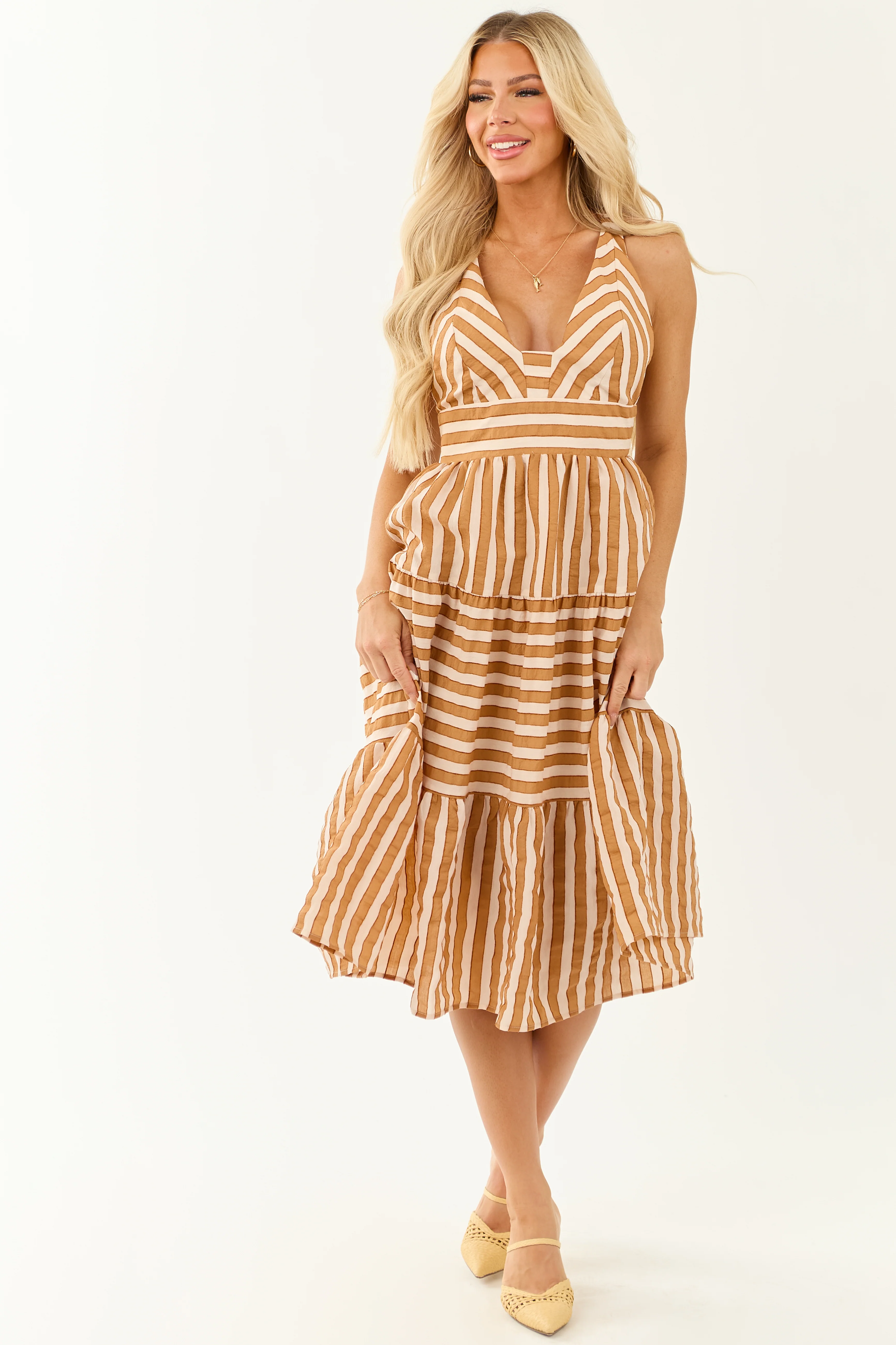 Brown Sugar Striped Sleeveless Midi Dress - Image 2