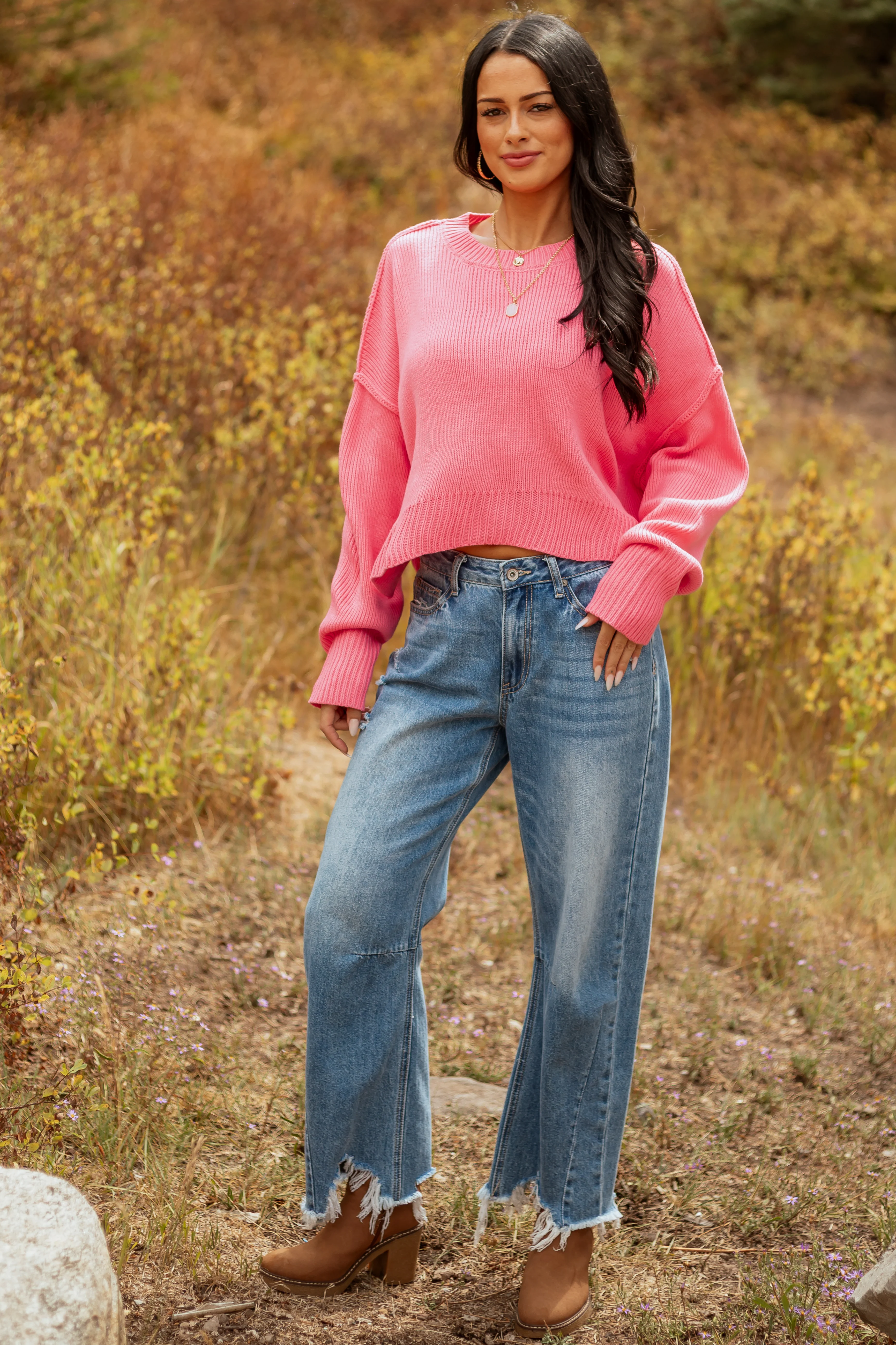 Bubblegum Boxy Drop Shoulder Crop Rib Knit Sweater - Image 2