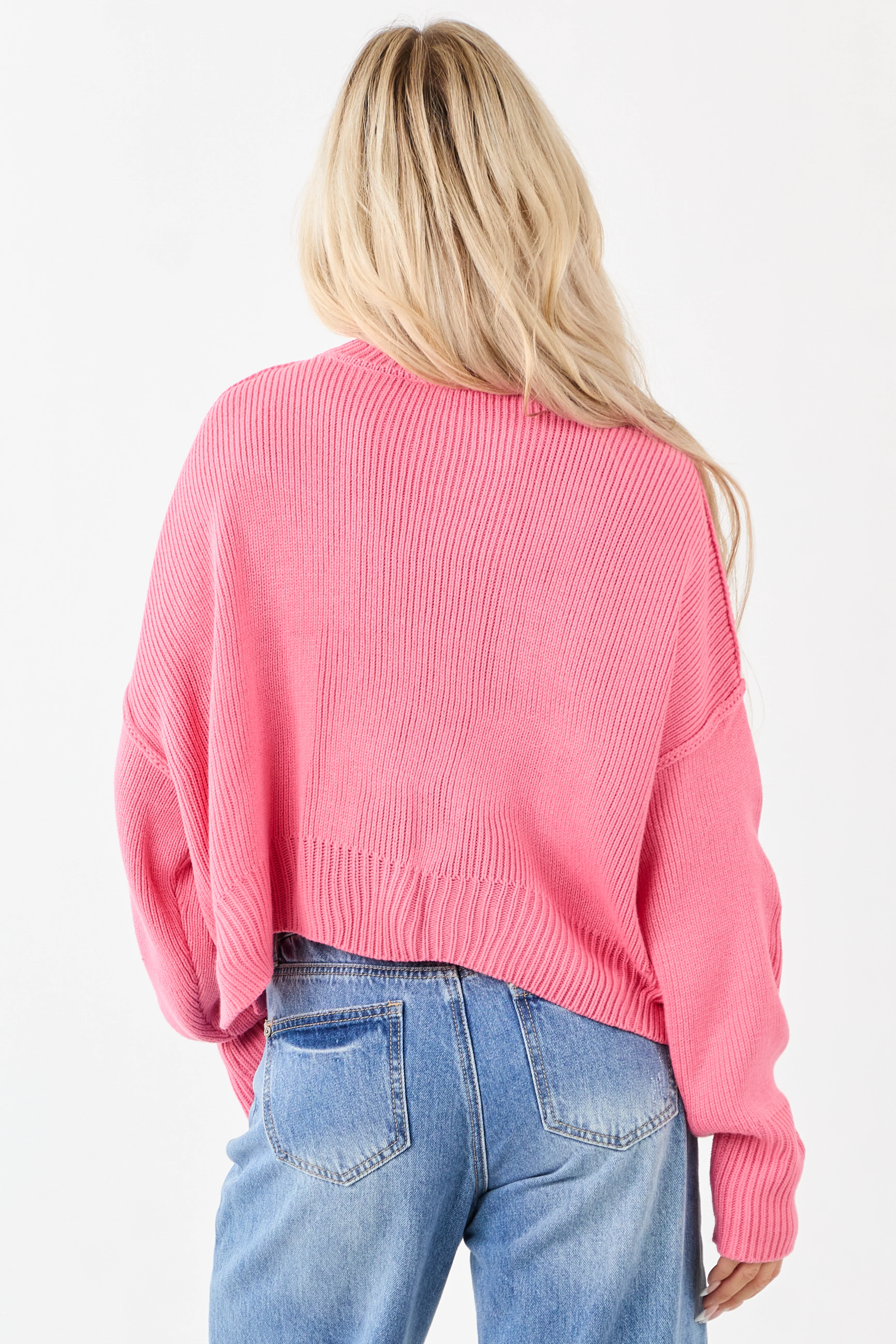 Bubblegum Boxy Drop Shoulder Crop Rib Knit Sweater - Image 6