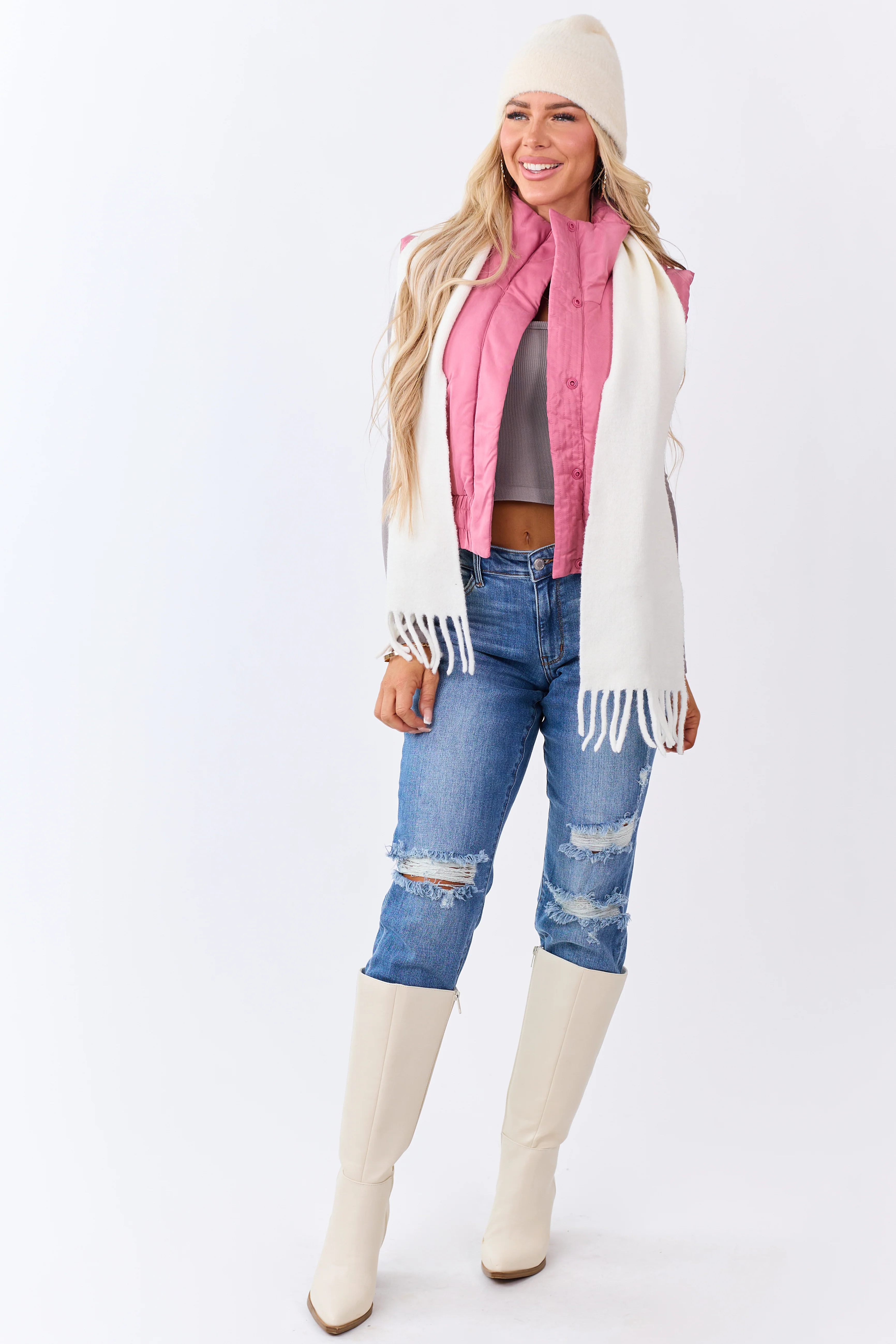 Bubblegum Button Up Mock Neck Puffer Vest - Image 4