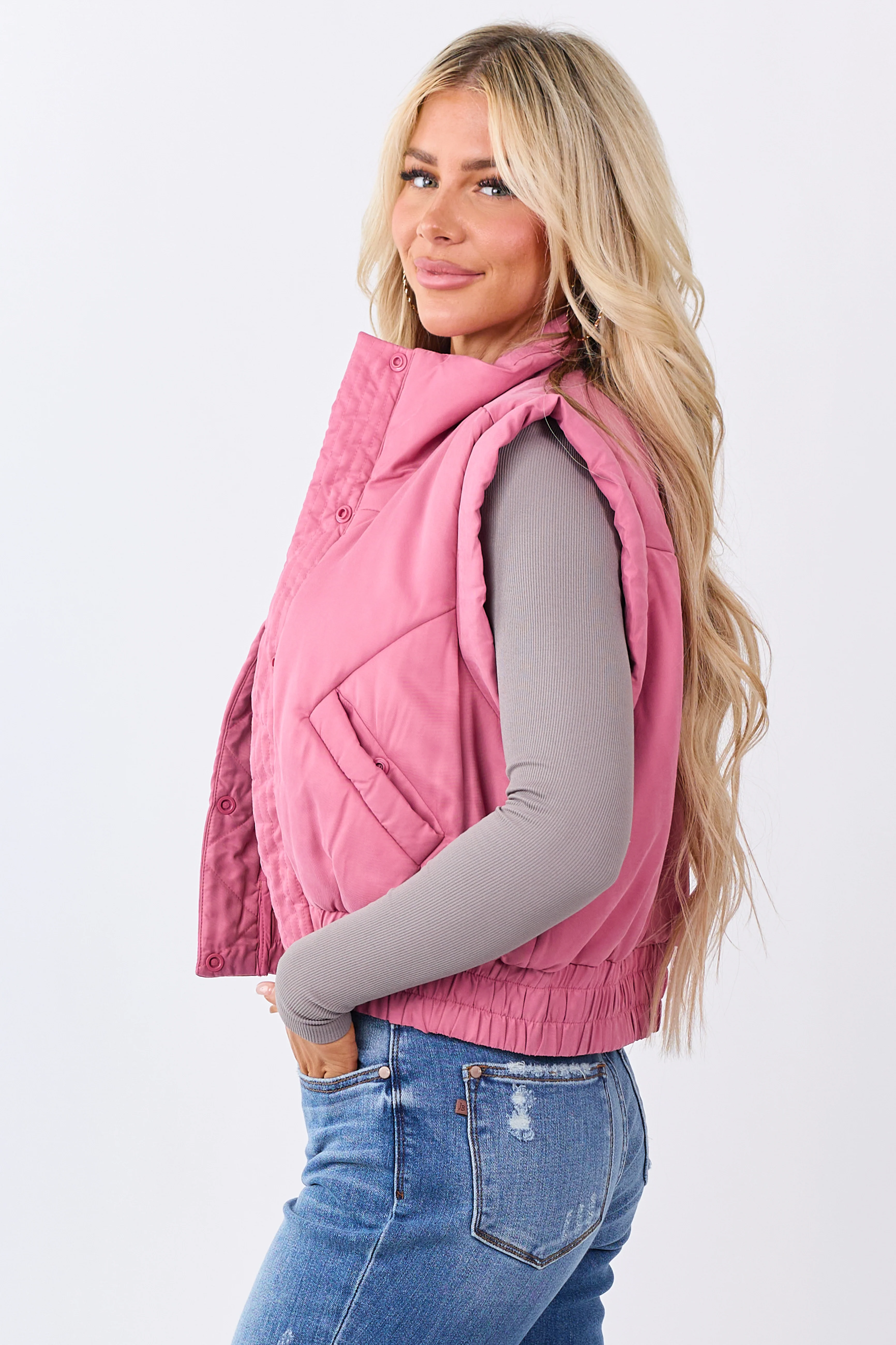 Bubblegum Button Up Mock Neck Puffer Vest - Image 5
