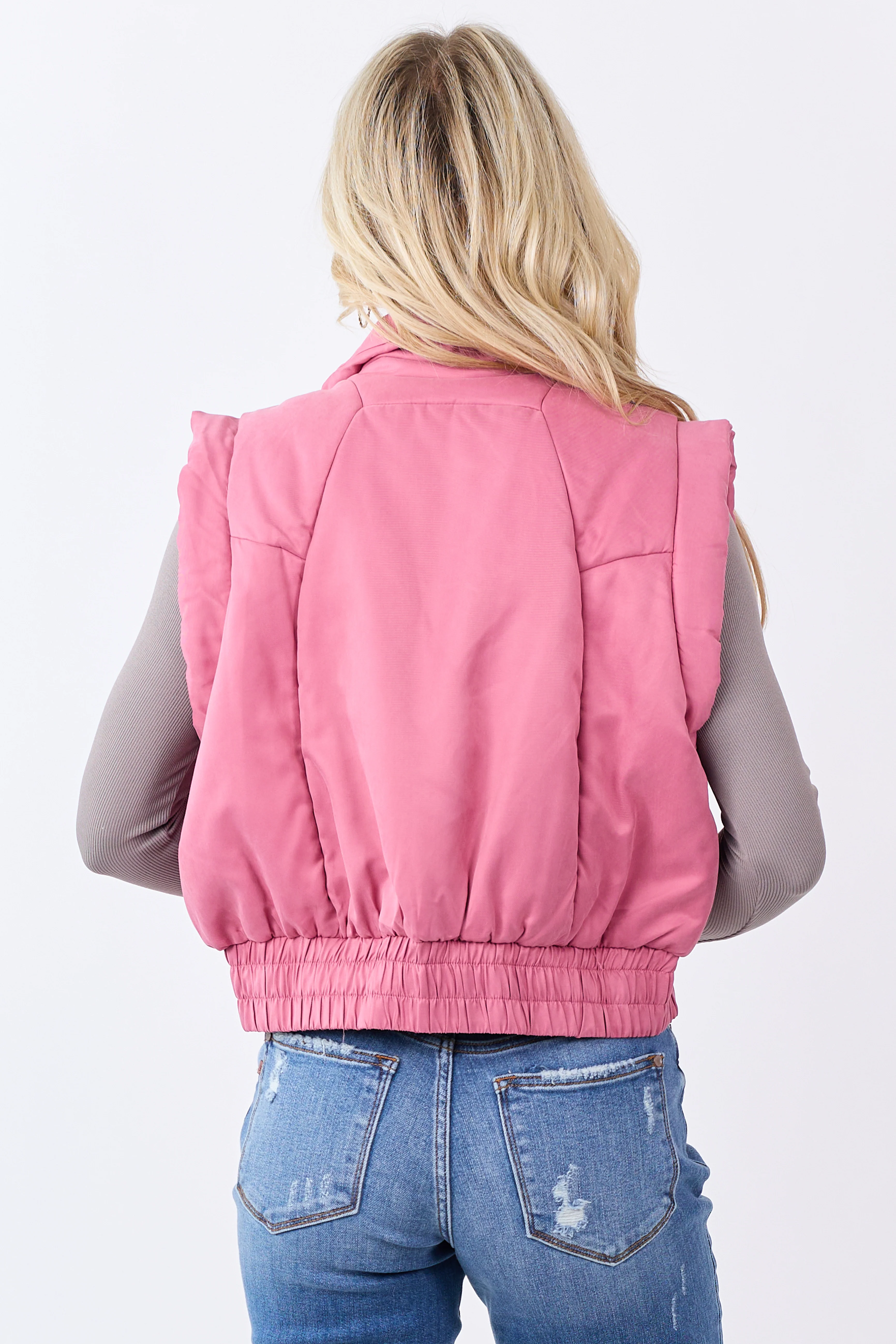 Bubblegum Button Up Mock Neck Puffer Vest - Image 6
