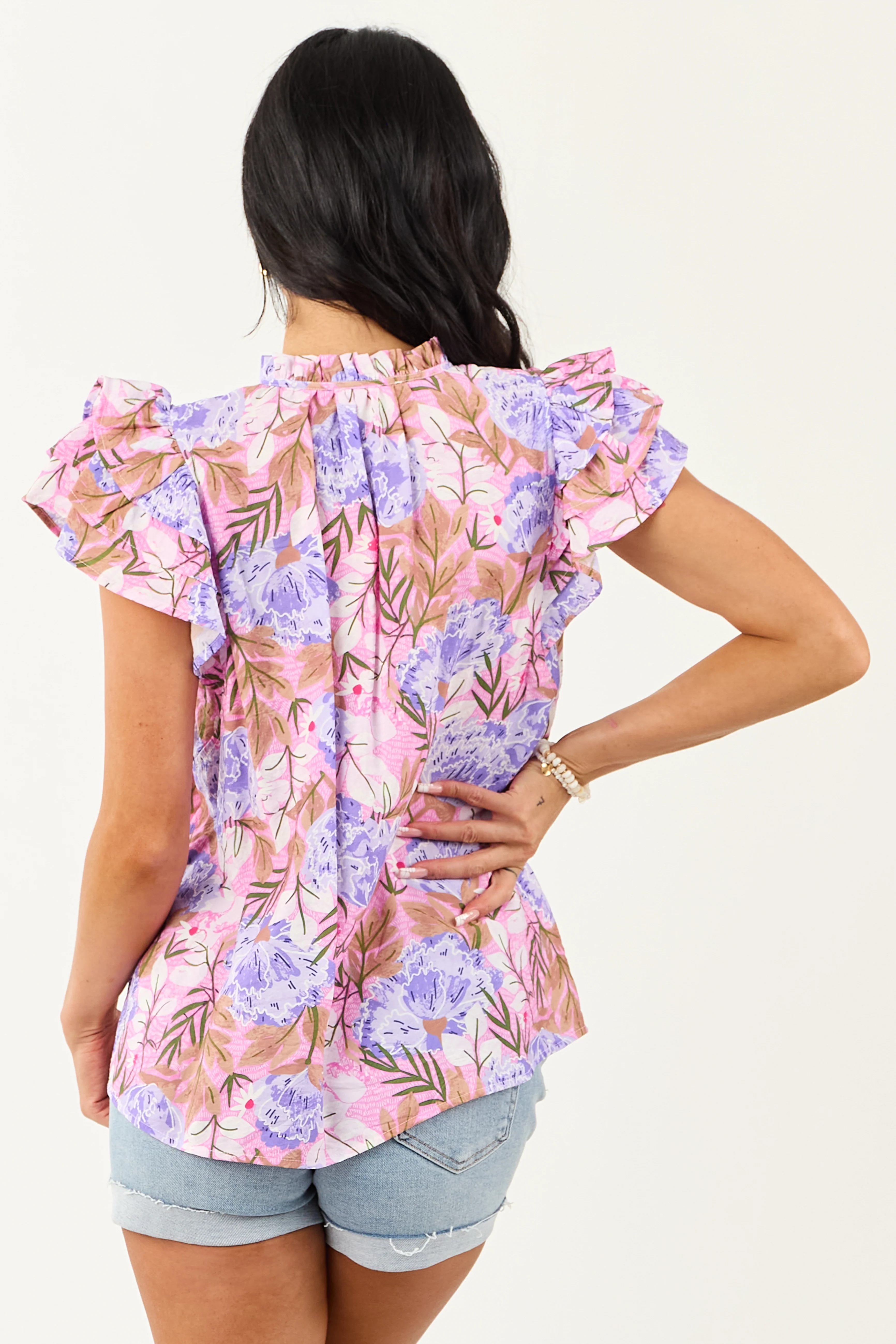 Bubblegum Floral Print Ruffle Short Sleeve Top - Image 6