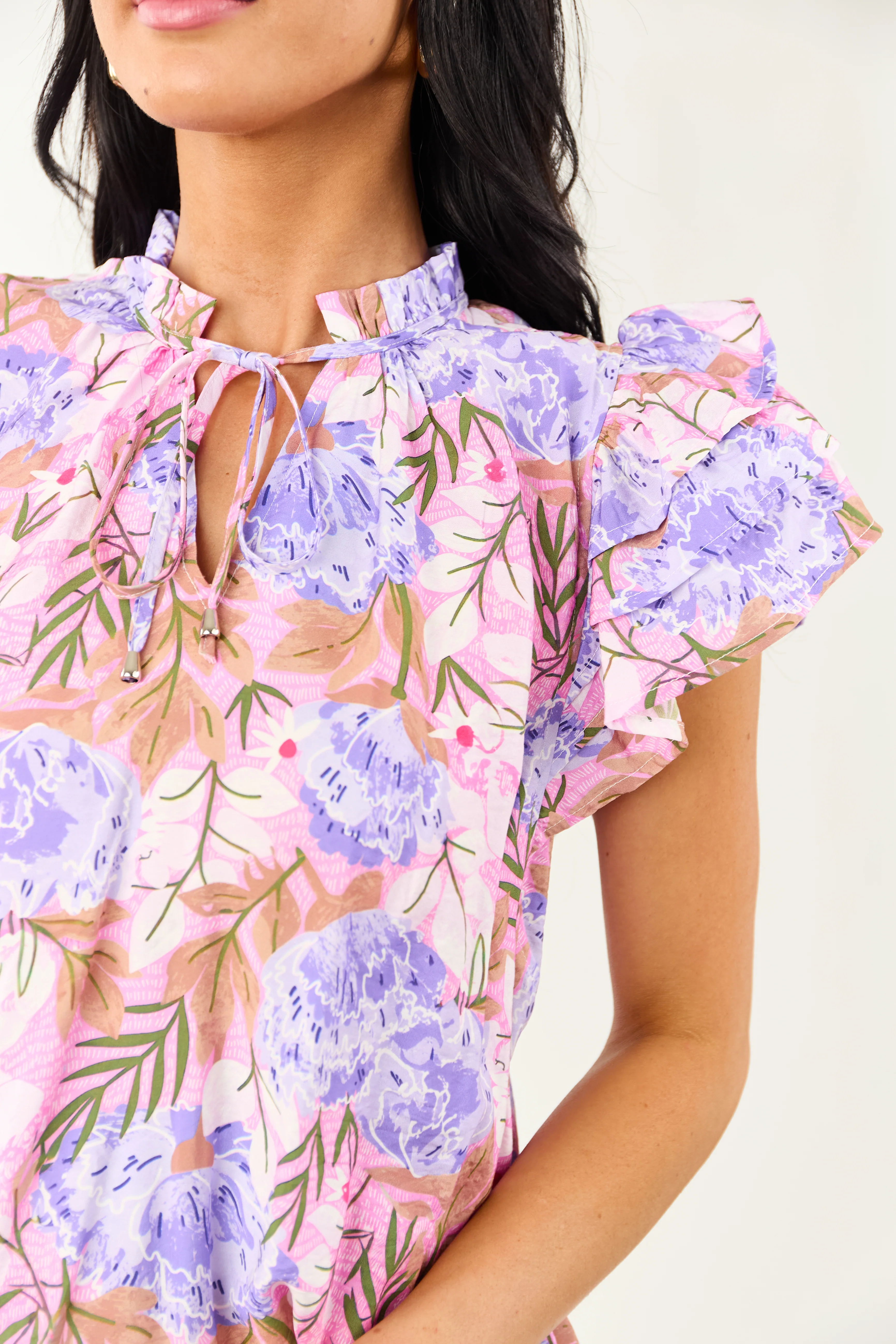 Bubblegum Floral Print Ruffle Short Sleeve Top - Image 7