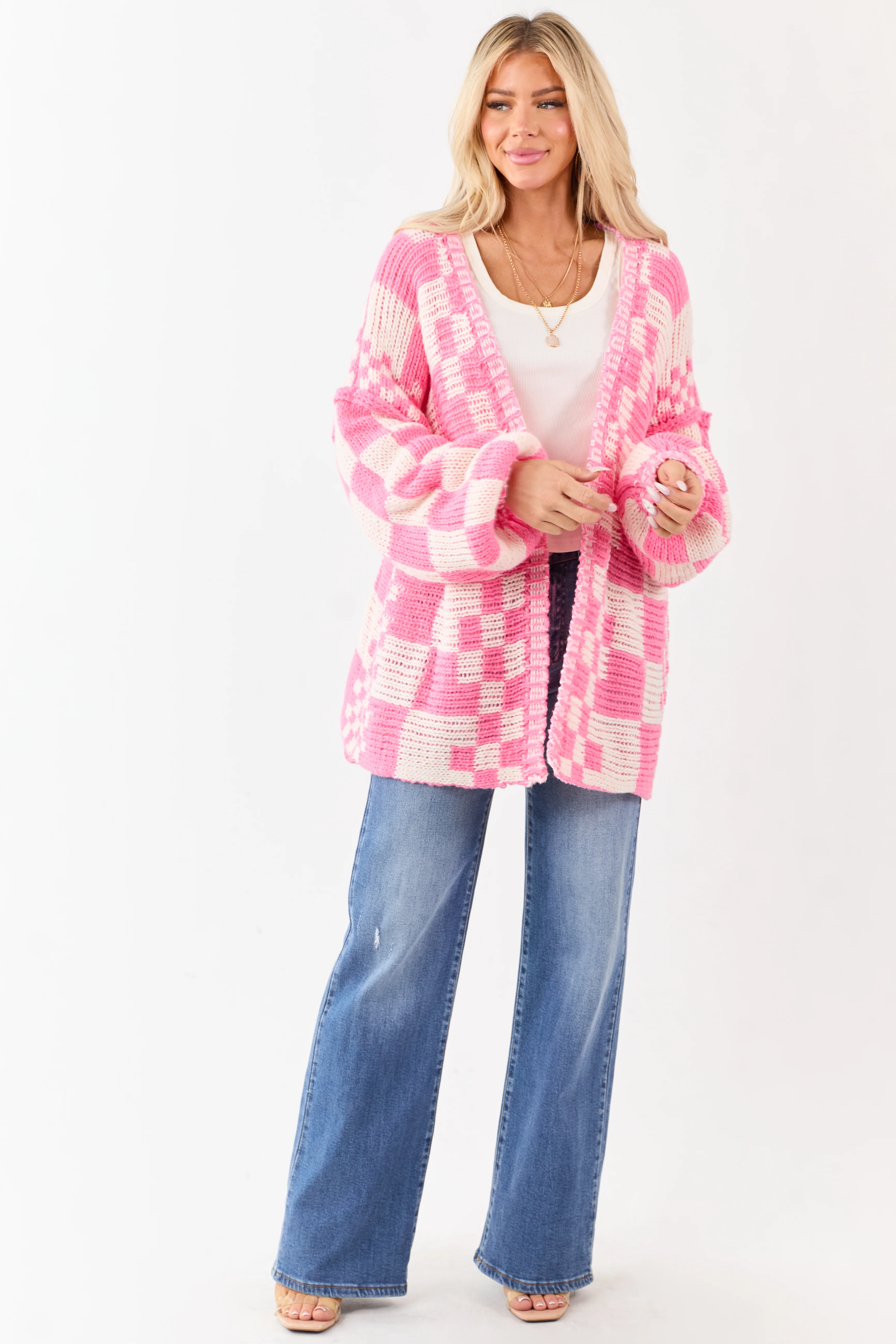 Bubblegum and Ivory Checkered Chunky Knit Cardigan - Image 2