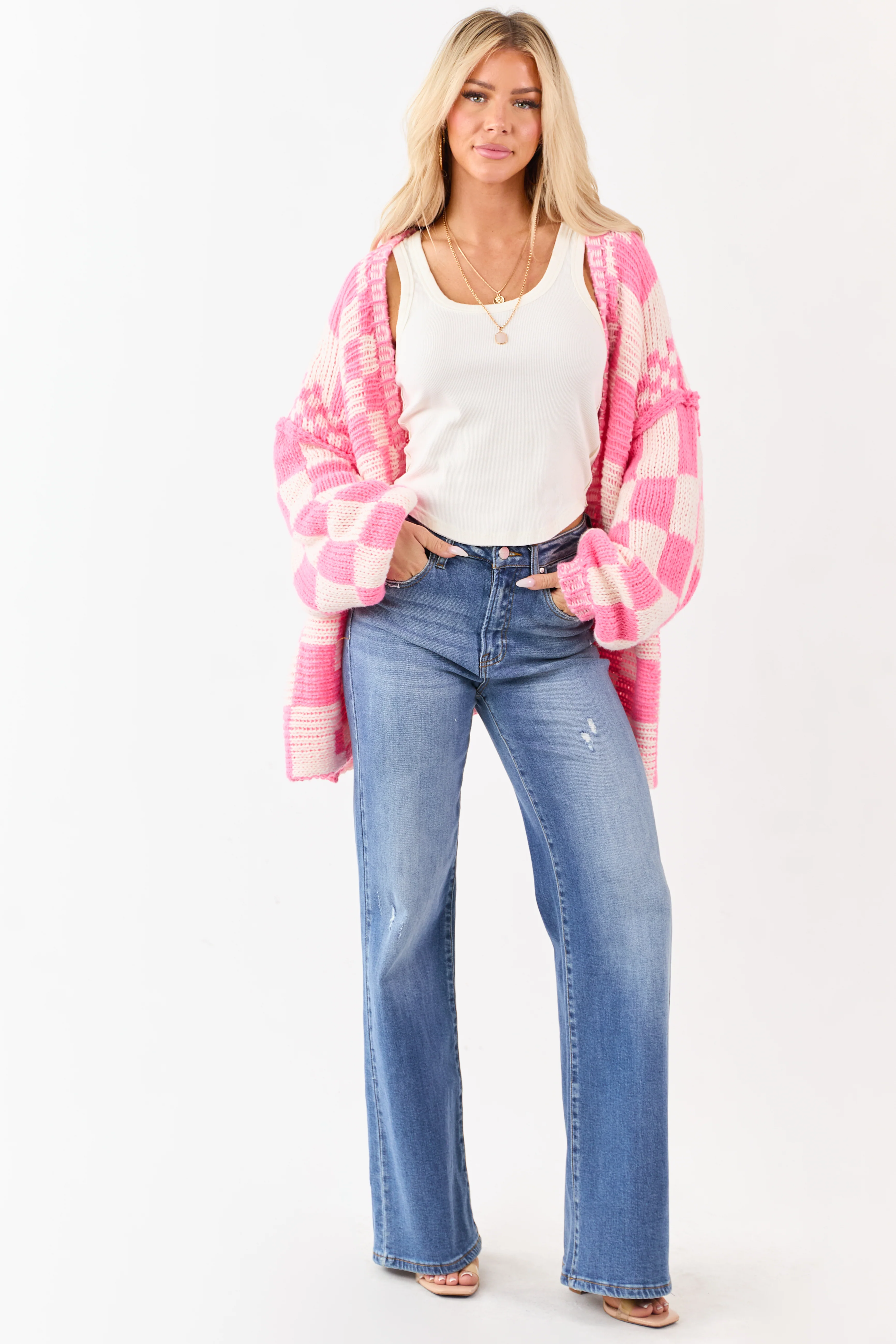 Bubblegum and Ivory Checkered Chunky Knit Cardigan - Image 3