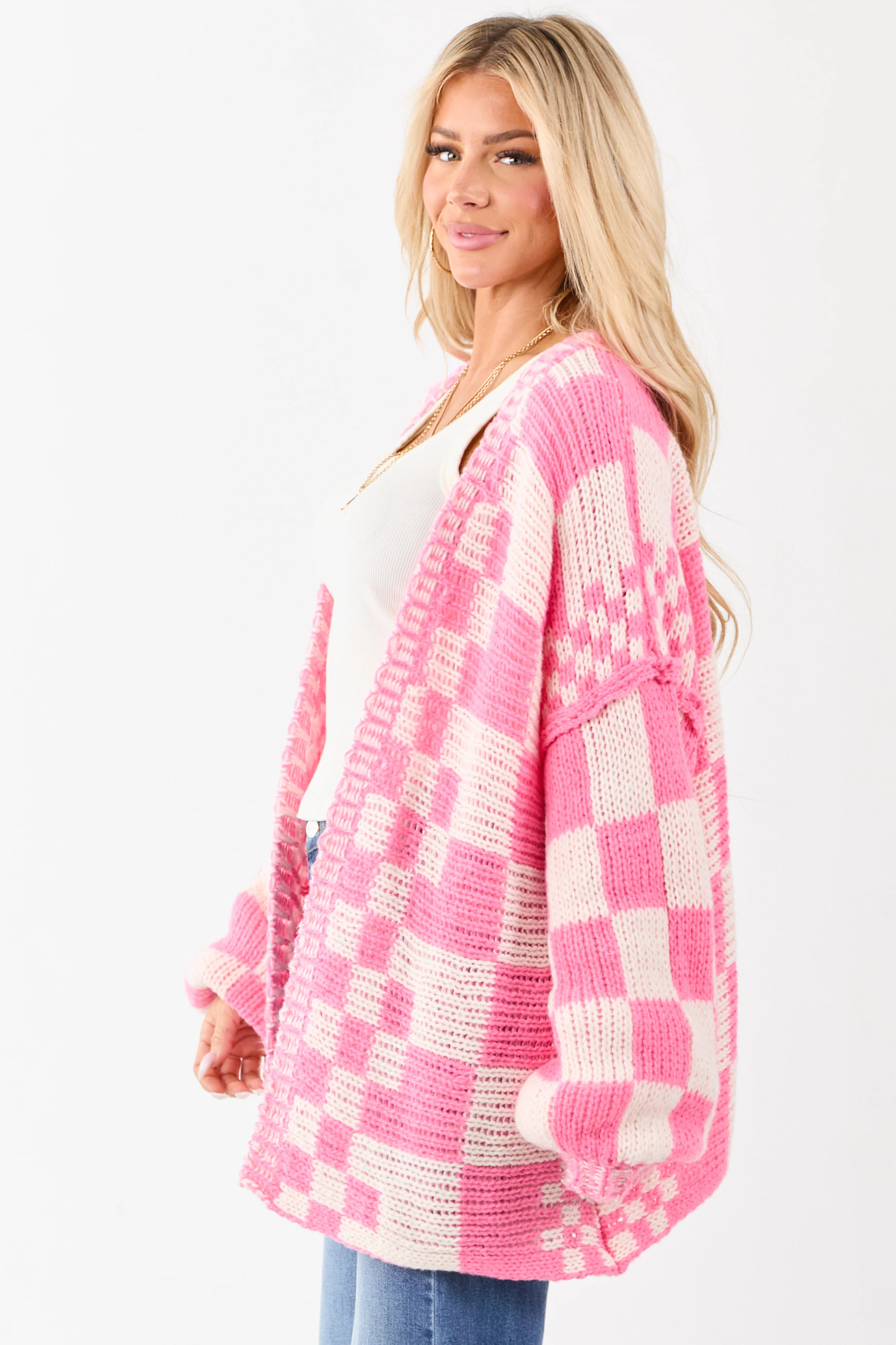 Bubblegum and Ivory Checkered Chunky Knit Cardigan - Image 4