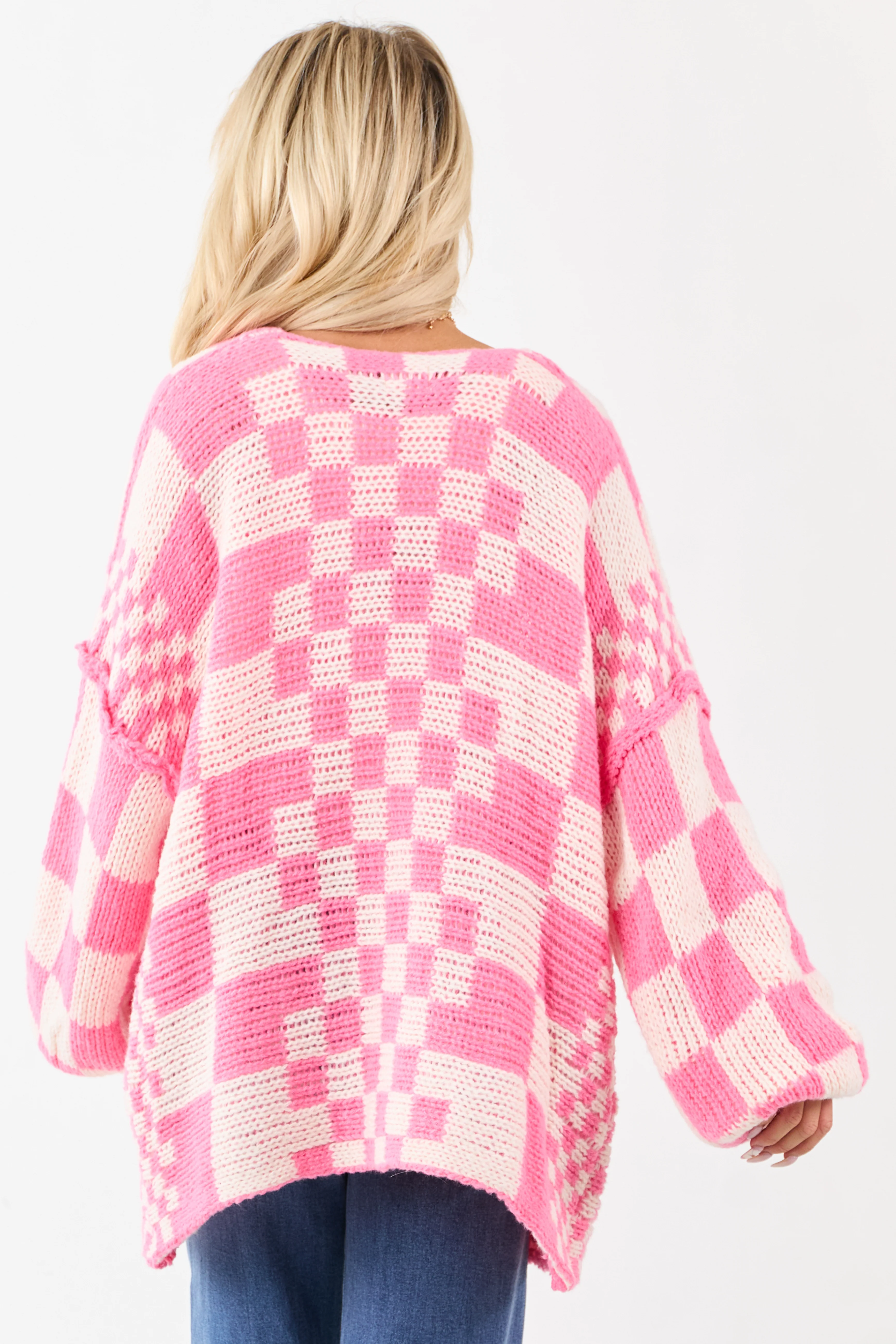 Bubblegum and Ivory Checkered Chunky Knit Cardigan - Image 5