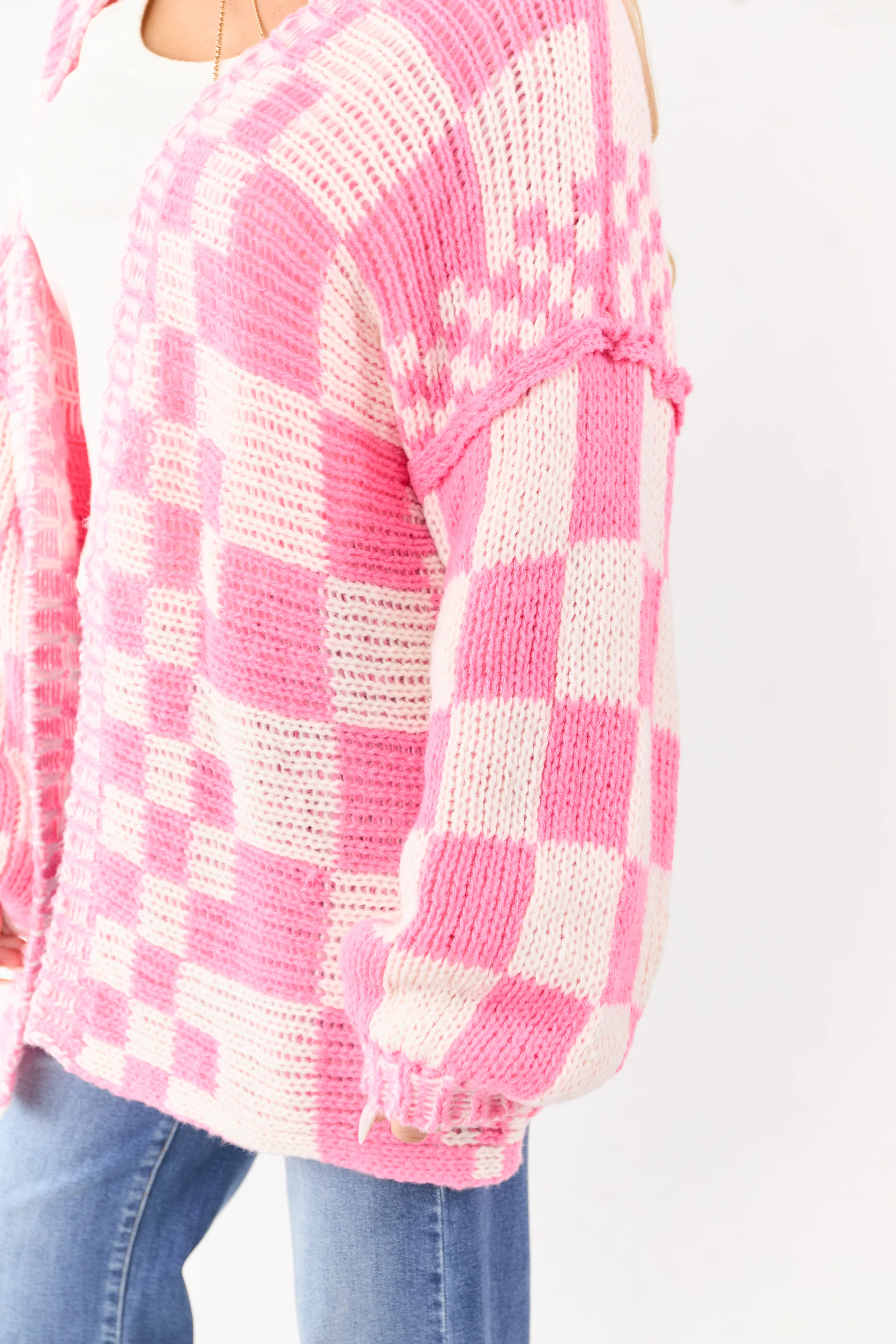 Bubblegum and Ivory Checkered Chunky Knit Cardigan - Image 6