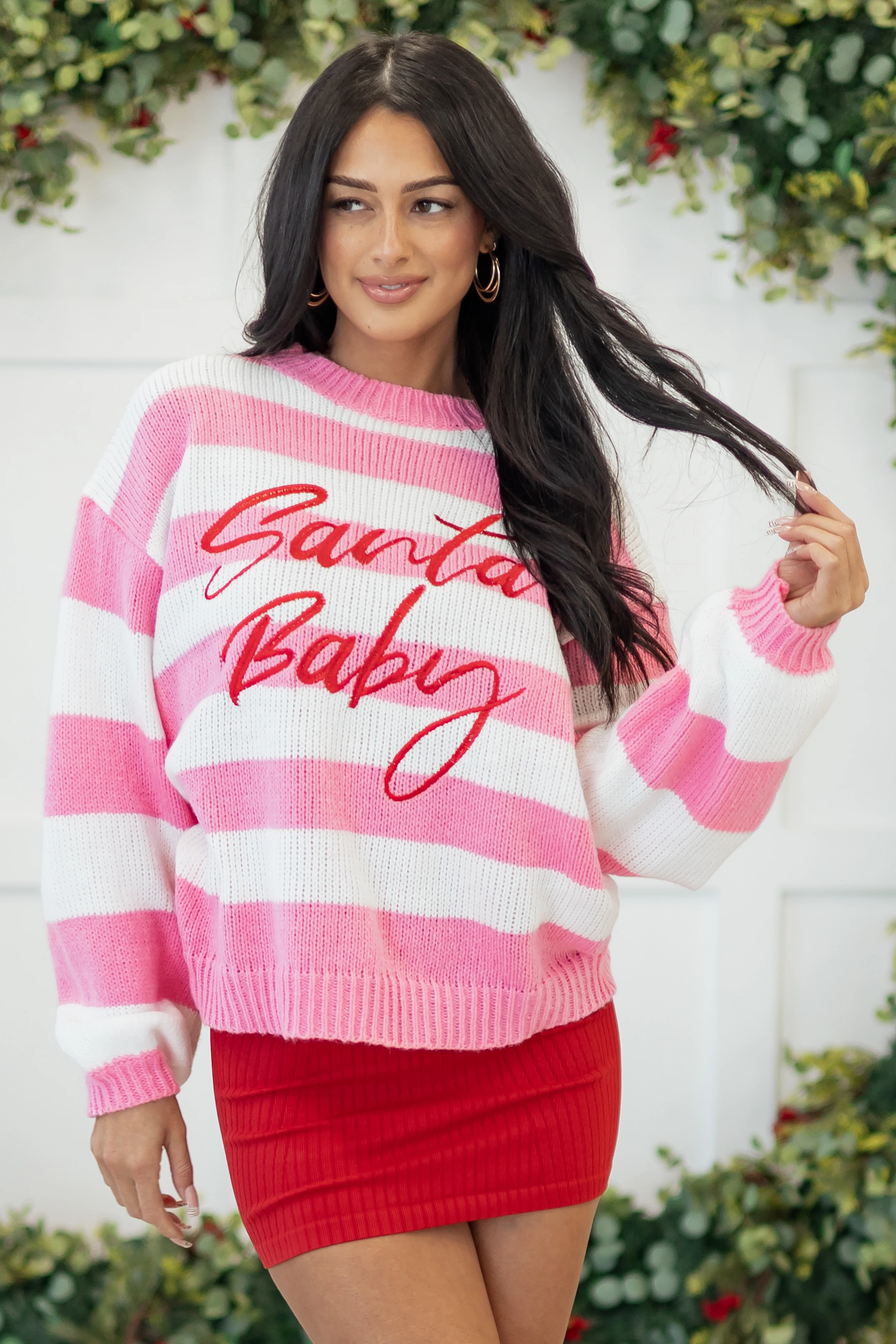 Bubblegum Striped 'Santa Baby' Holiday Graphic Sweater - Image 2