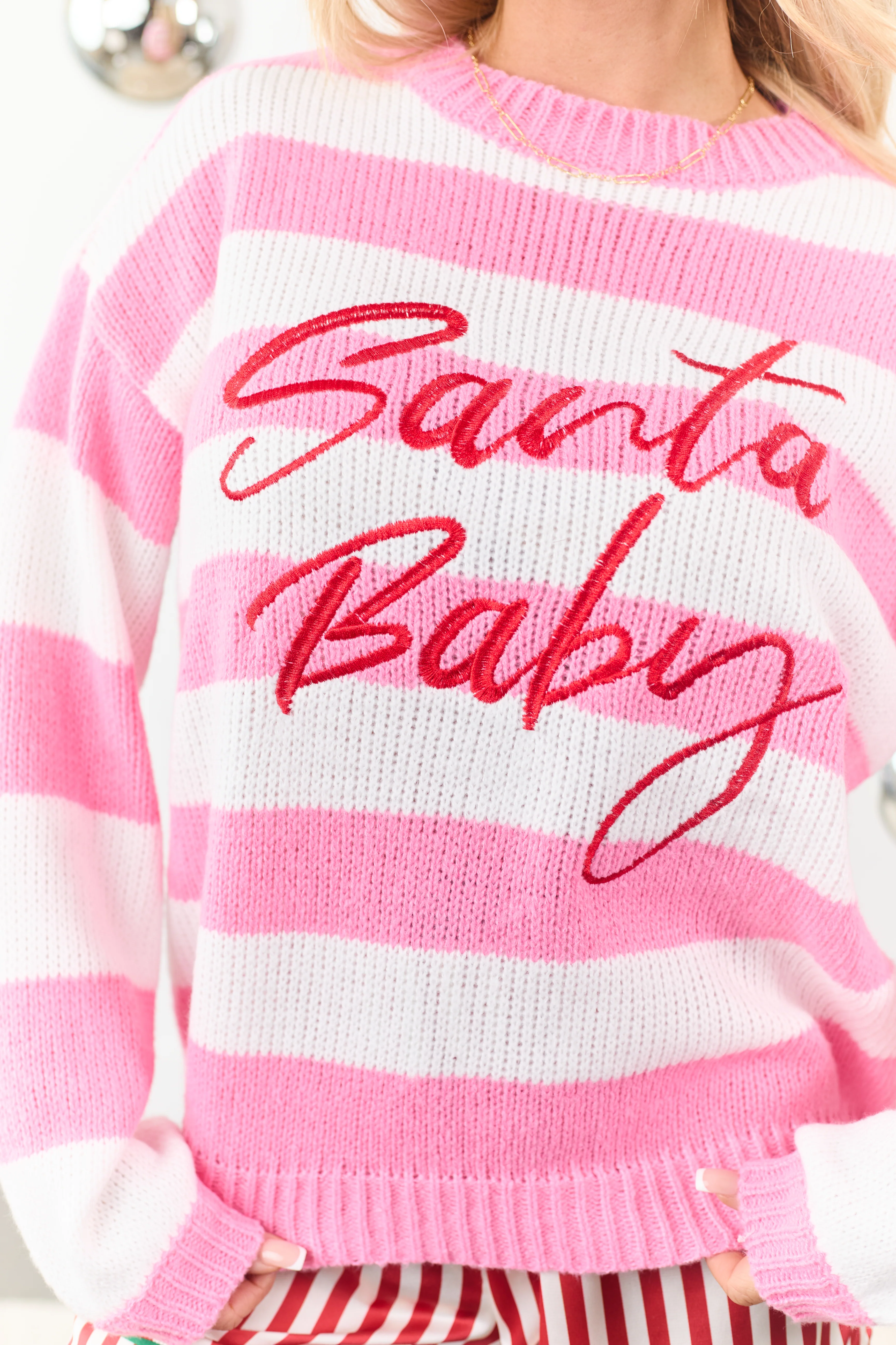 Bubblegum Striped 'Santa Baby' Holiday Graphic Sweater - Image 5