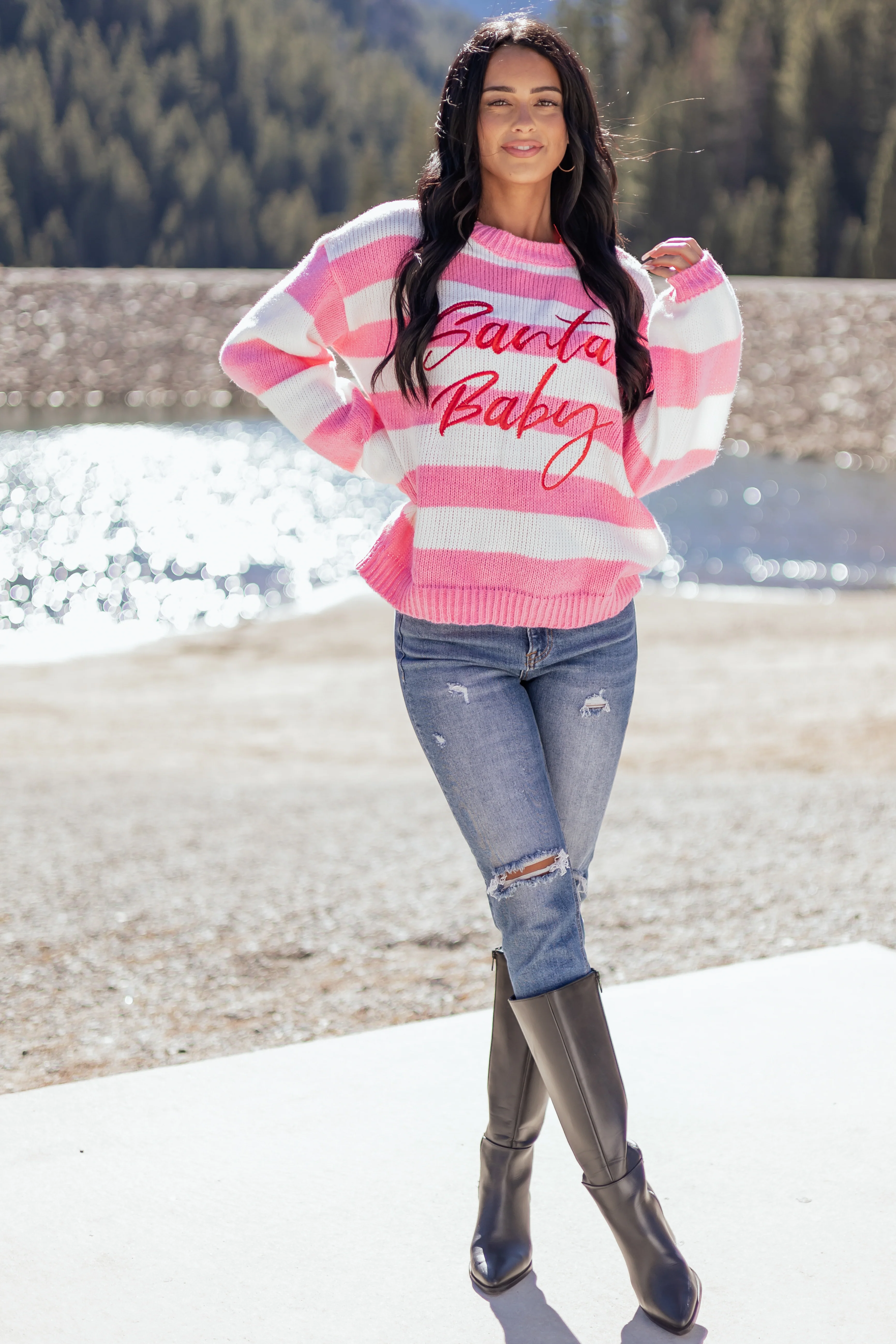 Bubblegum Striped 'Santa Baby' Holiday Graphic Sweater - Image 7