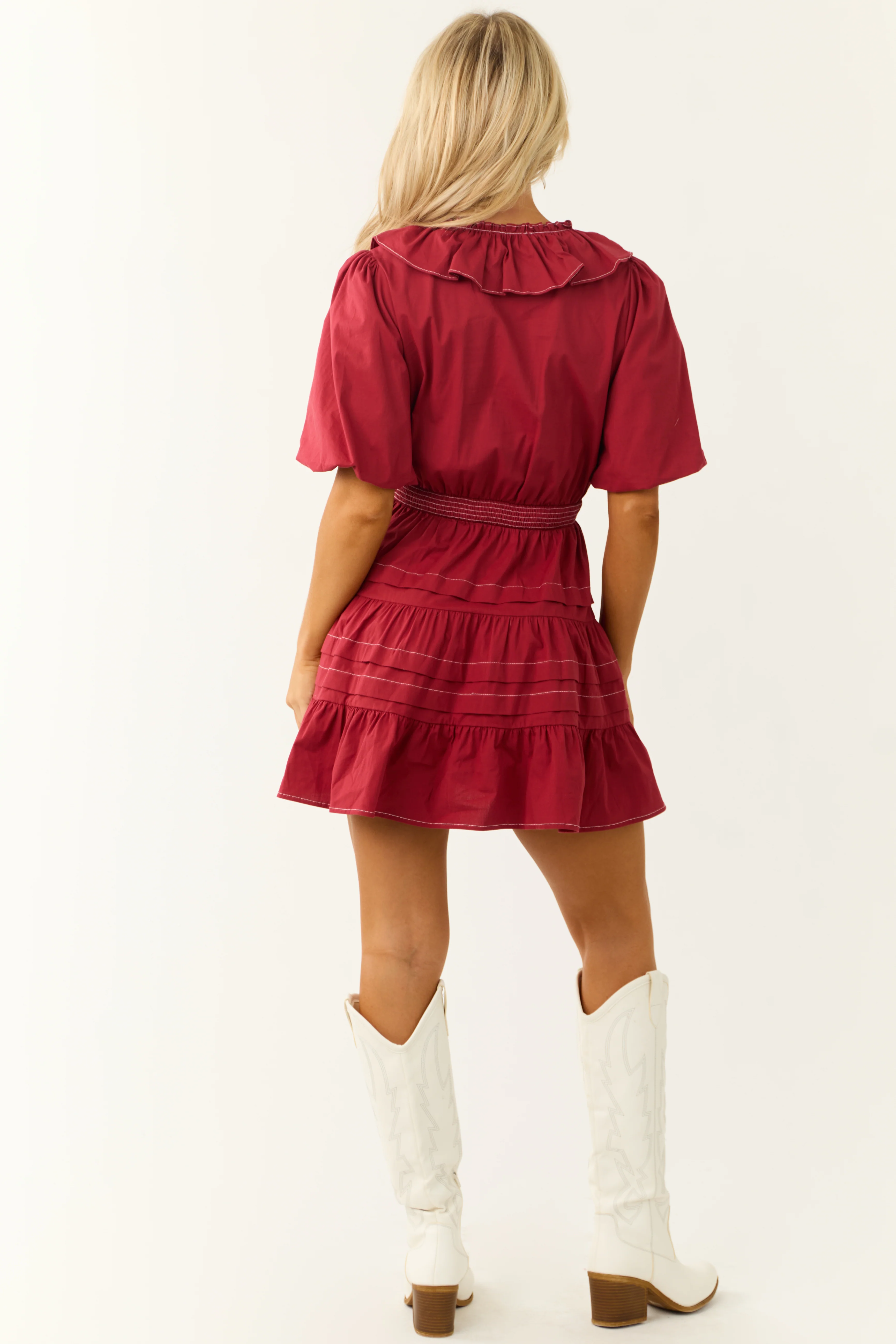 Burgundy Tiered Ruffle Surplice Wrap Mini Dress - Image 7