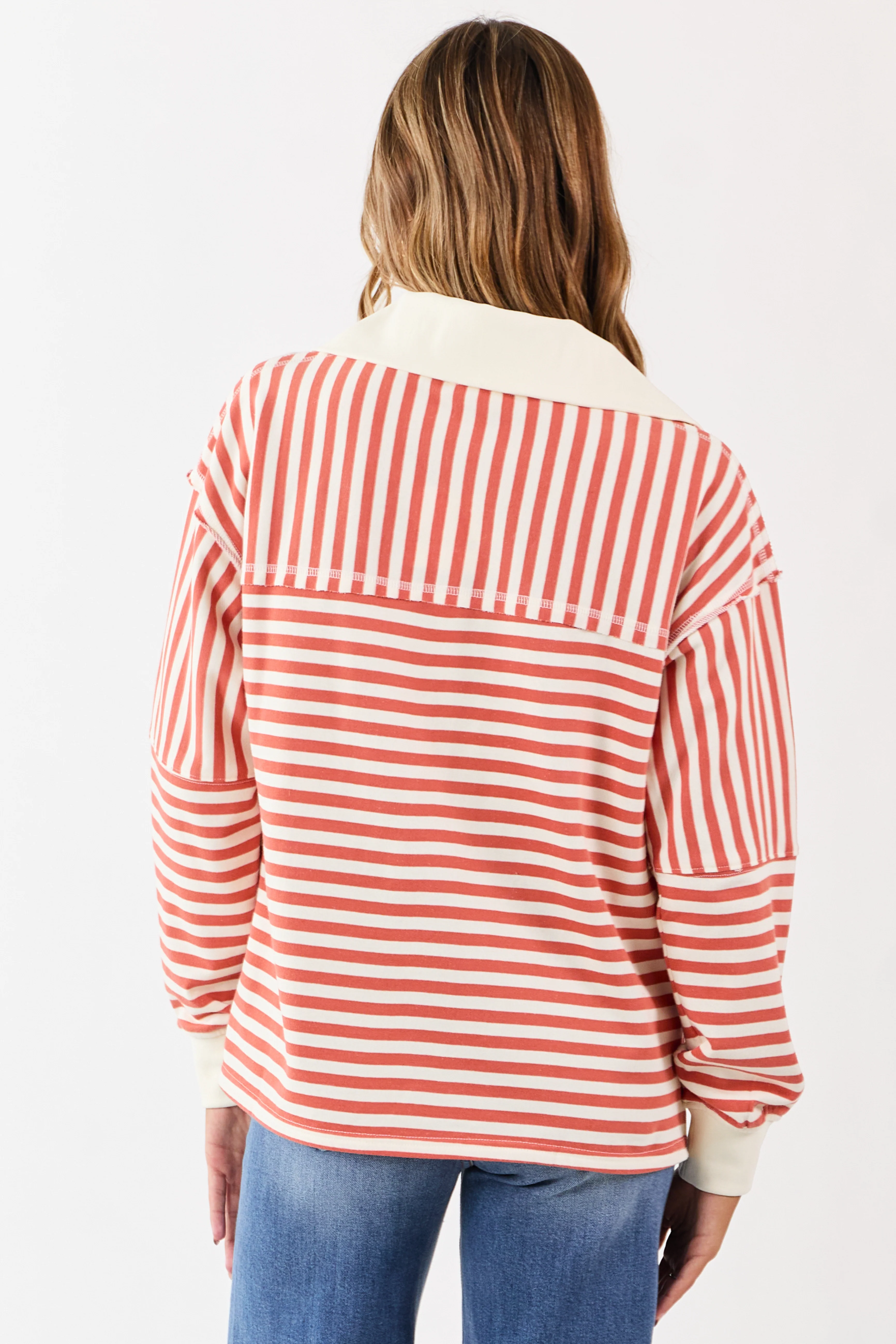 Burnt Orange and Cream Striped Henley Top - Image 5