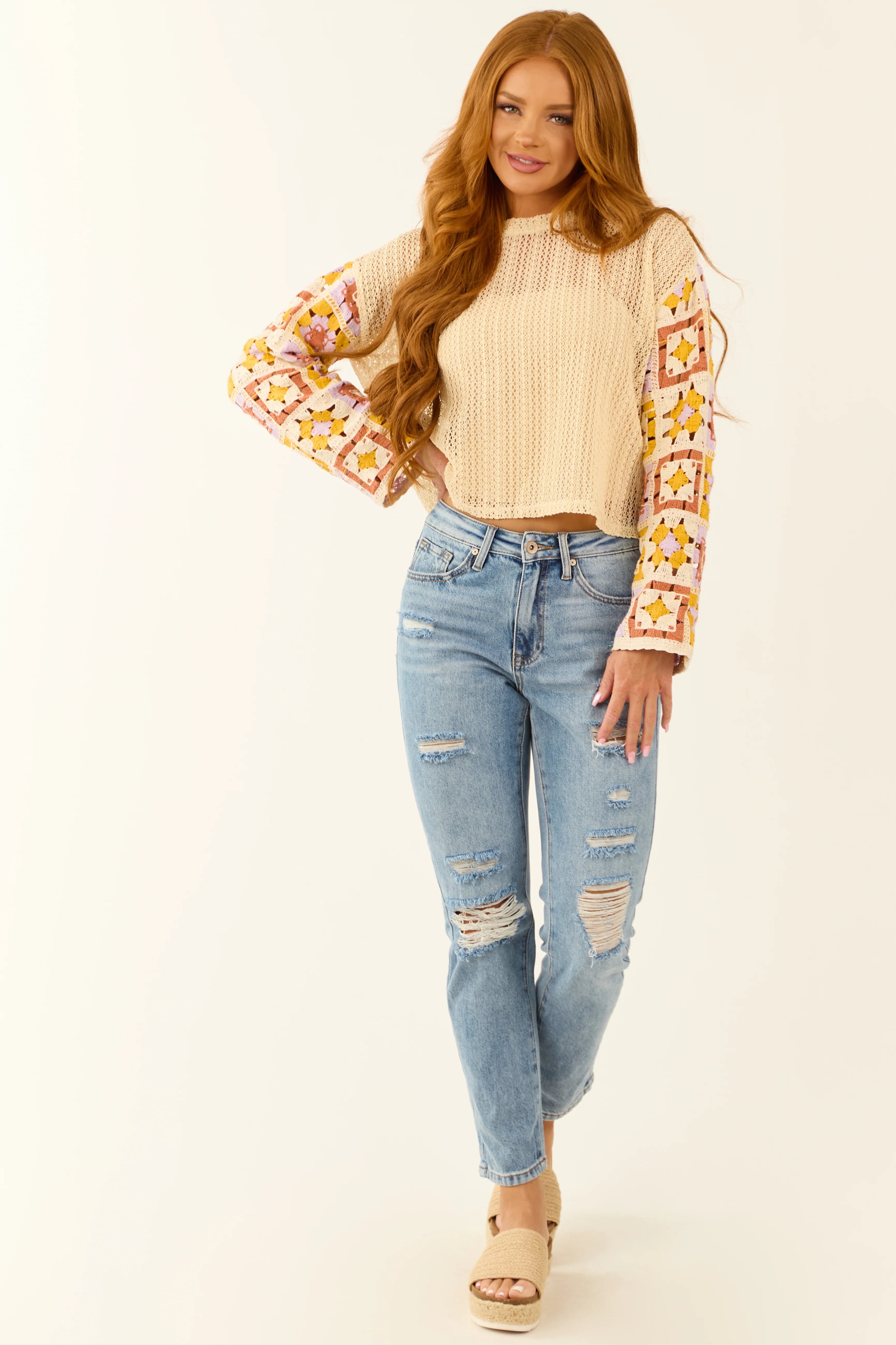 Buttercream Contrast Crochet Long Sleeve Top - Image 2
