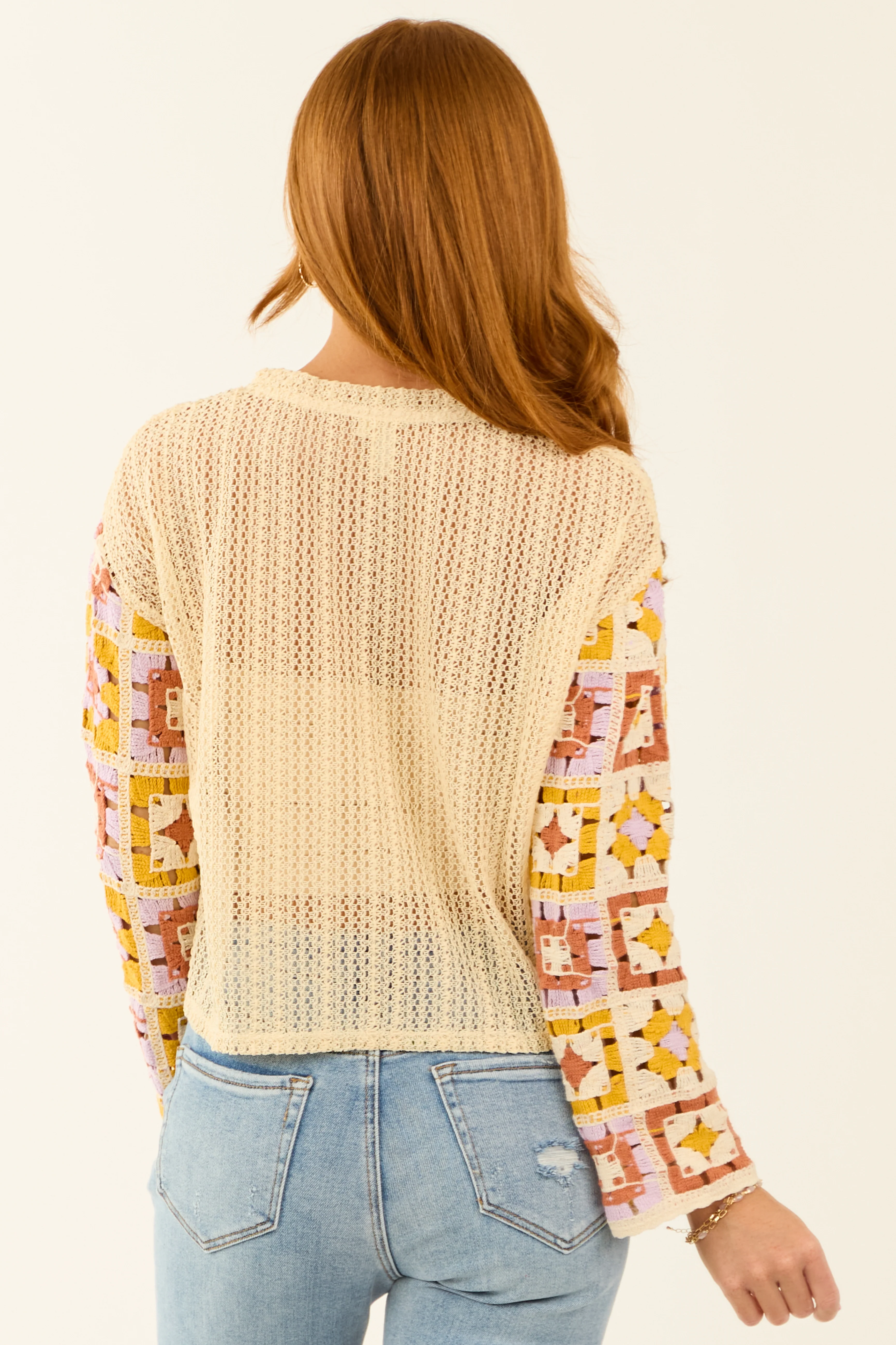 Buttercream Contrast Crochet Long Sleeve Top - Image 6