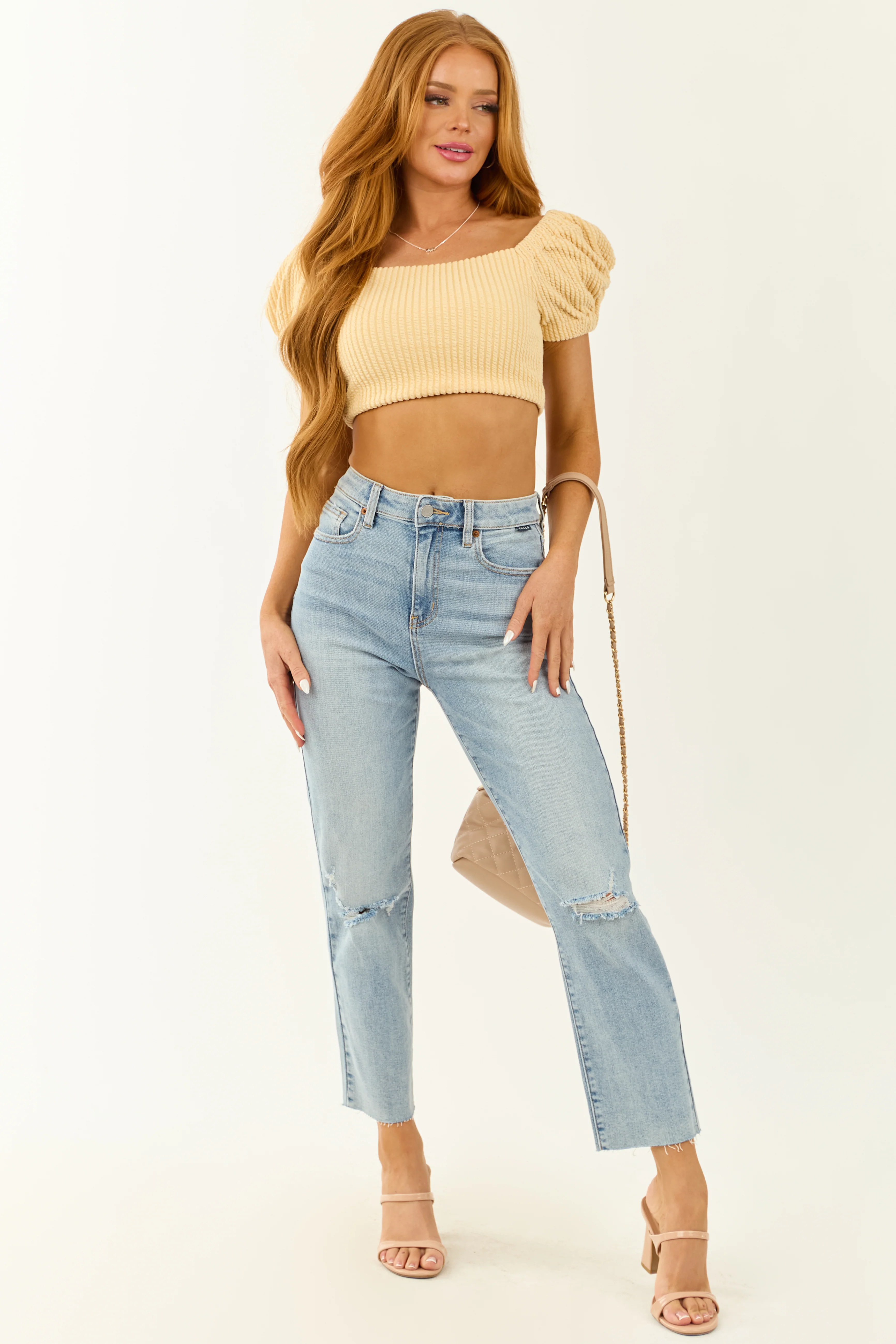 Buttercream Textured Short Puff Sleeve Crop Top - Image 3